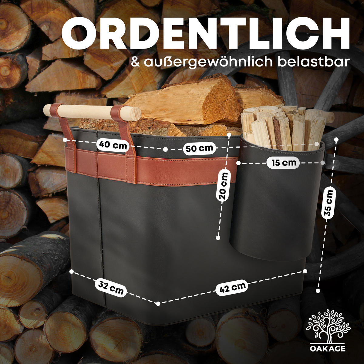 KAMINHOLZKORB LuxeLeather Duo 2er-Set veganes Leder mit ausreißsicheren Holzgriffen 50/40/35 cm - Schwarz, Kunststoff (40/35/50cm) - OAKAGE