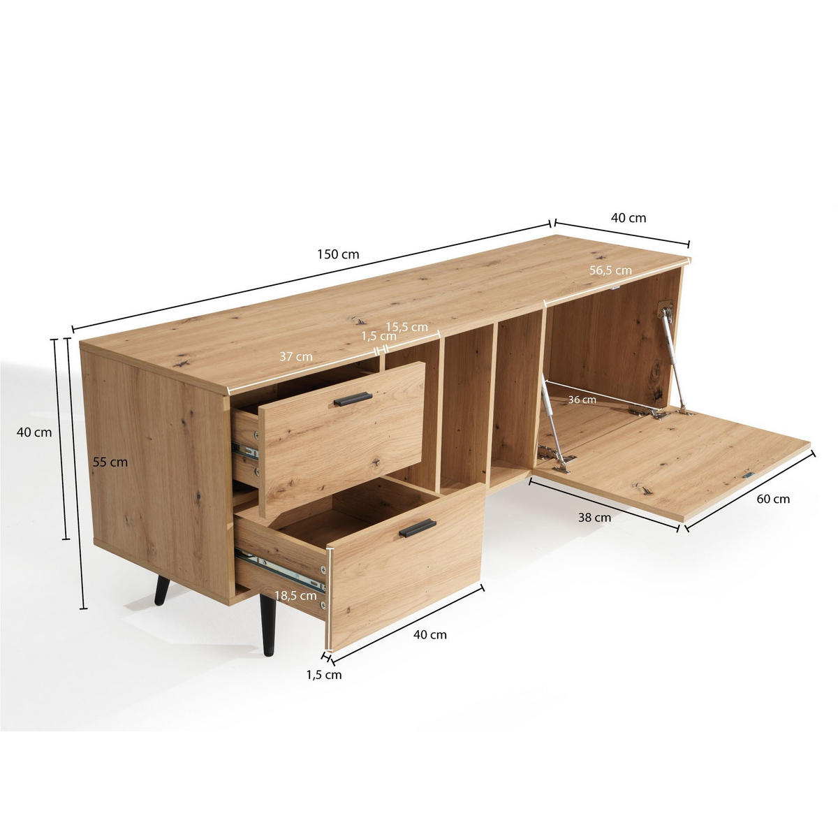 TV-LOWBOARD mit Eiche-Dekor, Tür und Schubladen, kompakte Aufteilung, Braun 150x40x55 cm - Schwarz/Braun, Holzwerkstoff/Metall (150/55/40cm) - KADIMA DESIGN