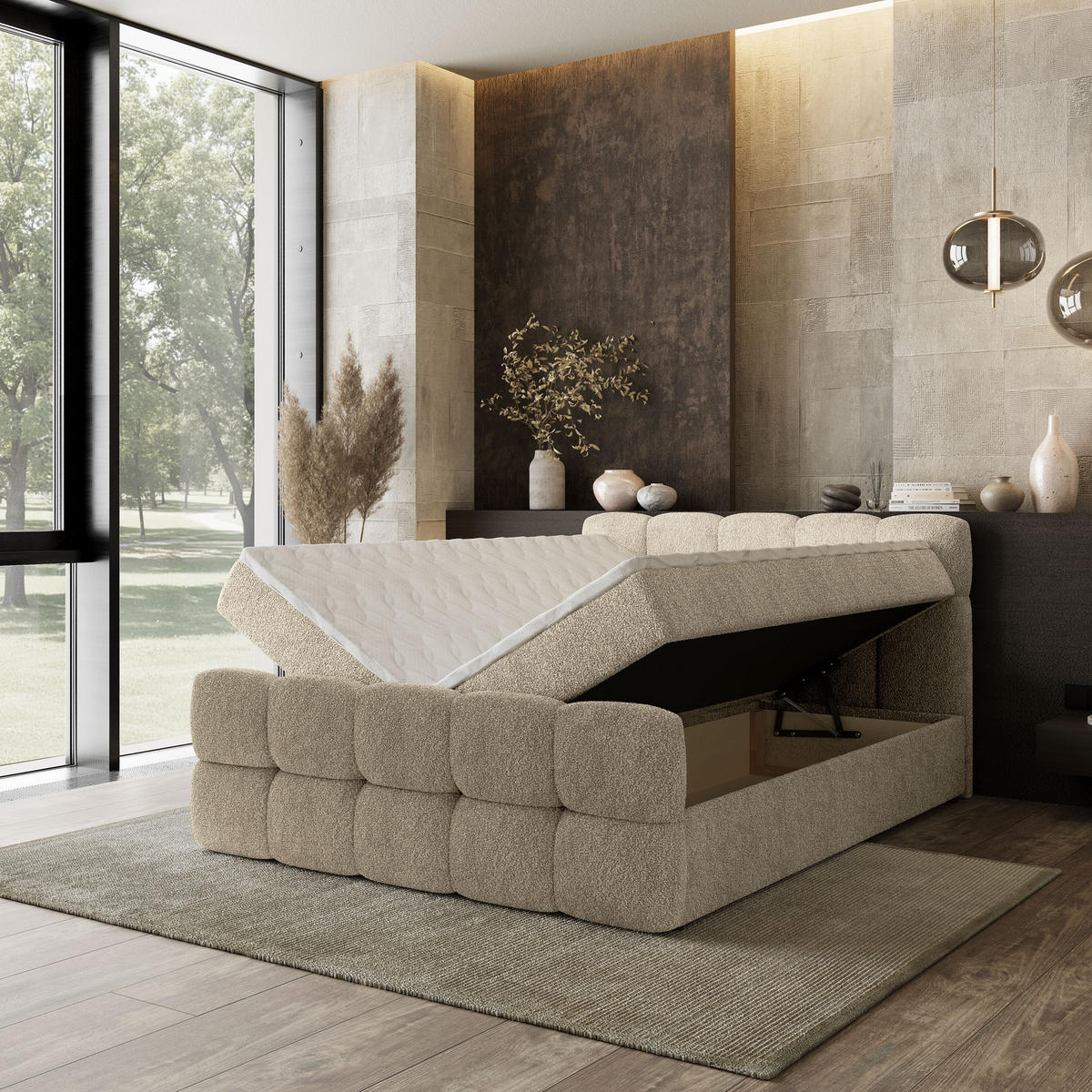 BOXBETT BRUME 180x200 cm mit Matratze und Topper, H2+H3 - Creme - Creme, Holz (180/200cm) - MASSENO