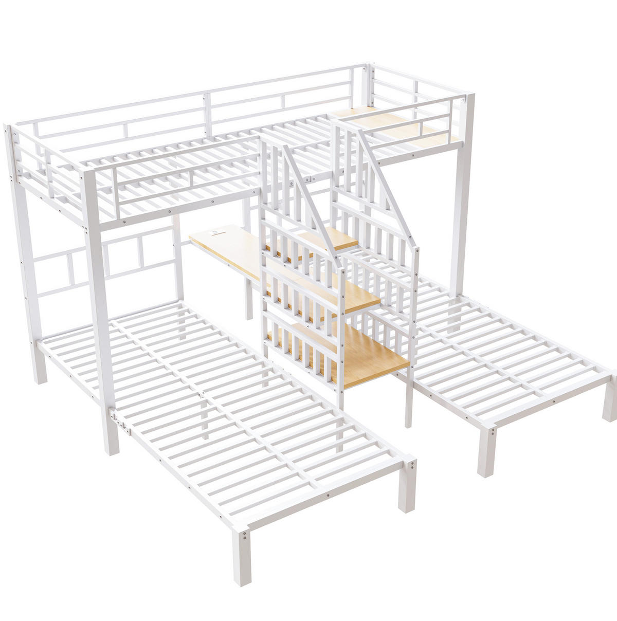 ETAGENBETT 90/200 cm für 3 Personen mit LED-Beleuchtung und Schreibtisch in Weiß - Weiß, Metall (90/200cm) - BEAOK