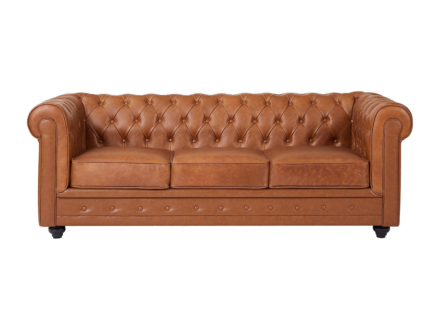 SOFA - 3 Personen - leder - camel Chesterfield - Hellbraun, Leder/Holz (205/72/88cm) - Vente-Unique