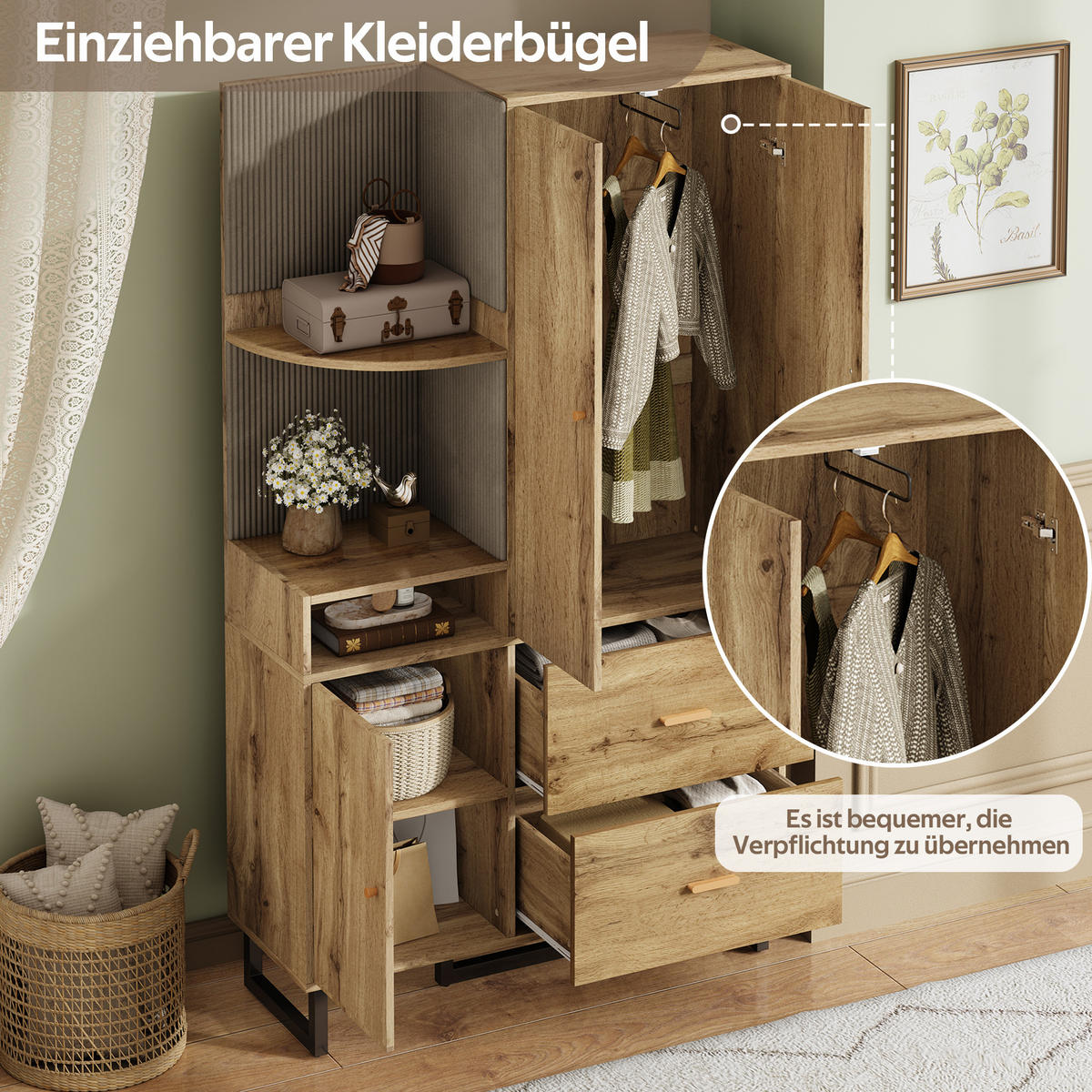 STANDGARDEROBE 110/38/186 cm in Natur/Schwarz mit Kleiderstange und Schubladen - Naturfarben, Holzwerkstoff (110/186/38cm) - BEAOK