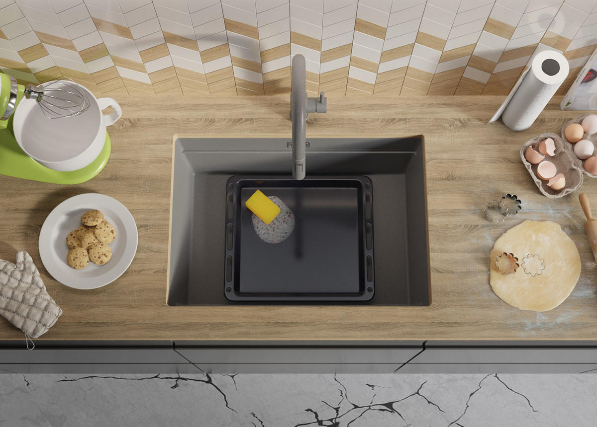 UNTERBAUSPÜLE GRANIT Praga, 2-er set Grau 66/47 cm 1 Becken + Küchenarmatur 38/14 cm + Ablauf-Set + Aufrollbare Abtropffläche ab 70er Unterschrank - Chromfarben/Grau, Kunststoff (66/20/47cm) - Primagran