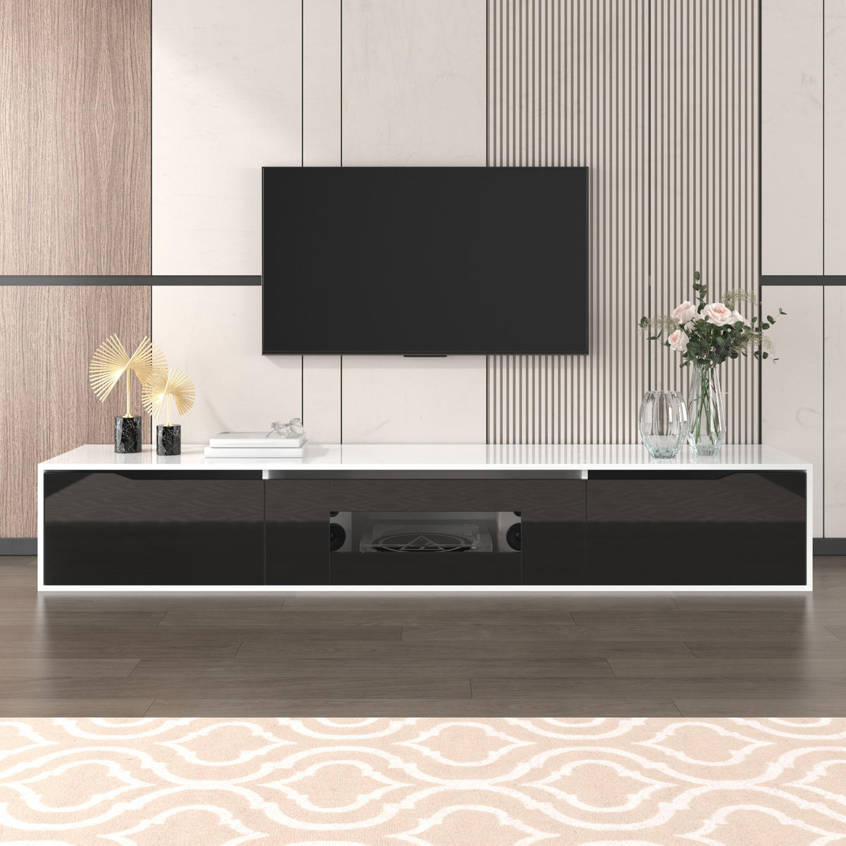 TV-ELEMENT180CM Schwarz Weiß Hochglanz mit 16FarbenLED Rillendesign - Weiß, Holz (46/17/142cm) - Raelunyi