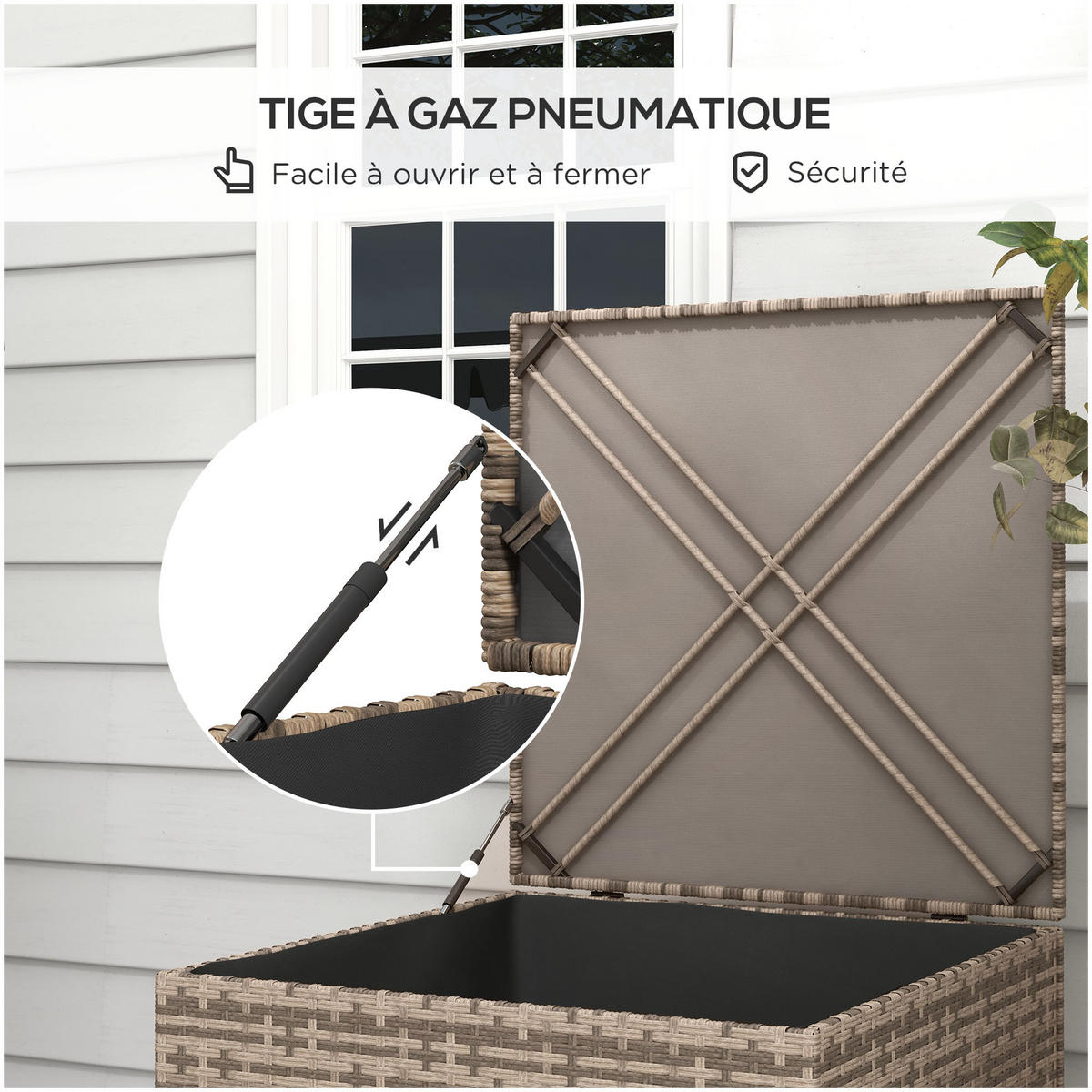 KISSENBOX DE-13596 mit Gasdruckfeder, PE-Rattan Natur - Sandfarben, Kunststoff/Metall (75/70/75cm) - ComfortXL