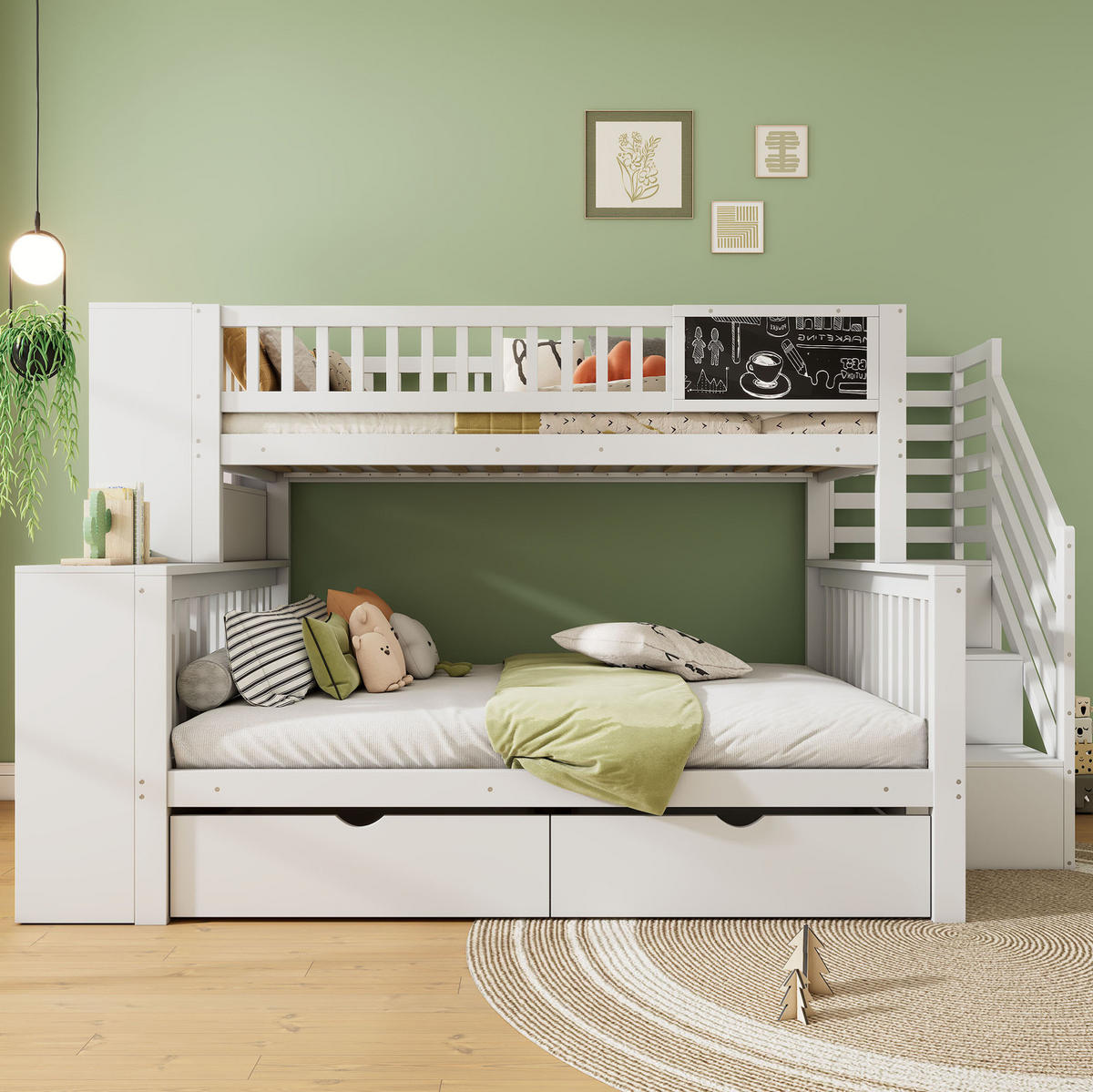ETAGENBETT 90/200 cm & 140/200 cm aus Kiefer mit Stauraum und Tafel - Weiß, Holz (140/200cm) - BEAOK