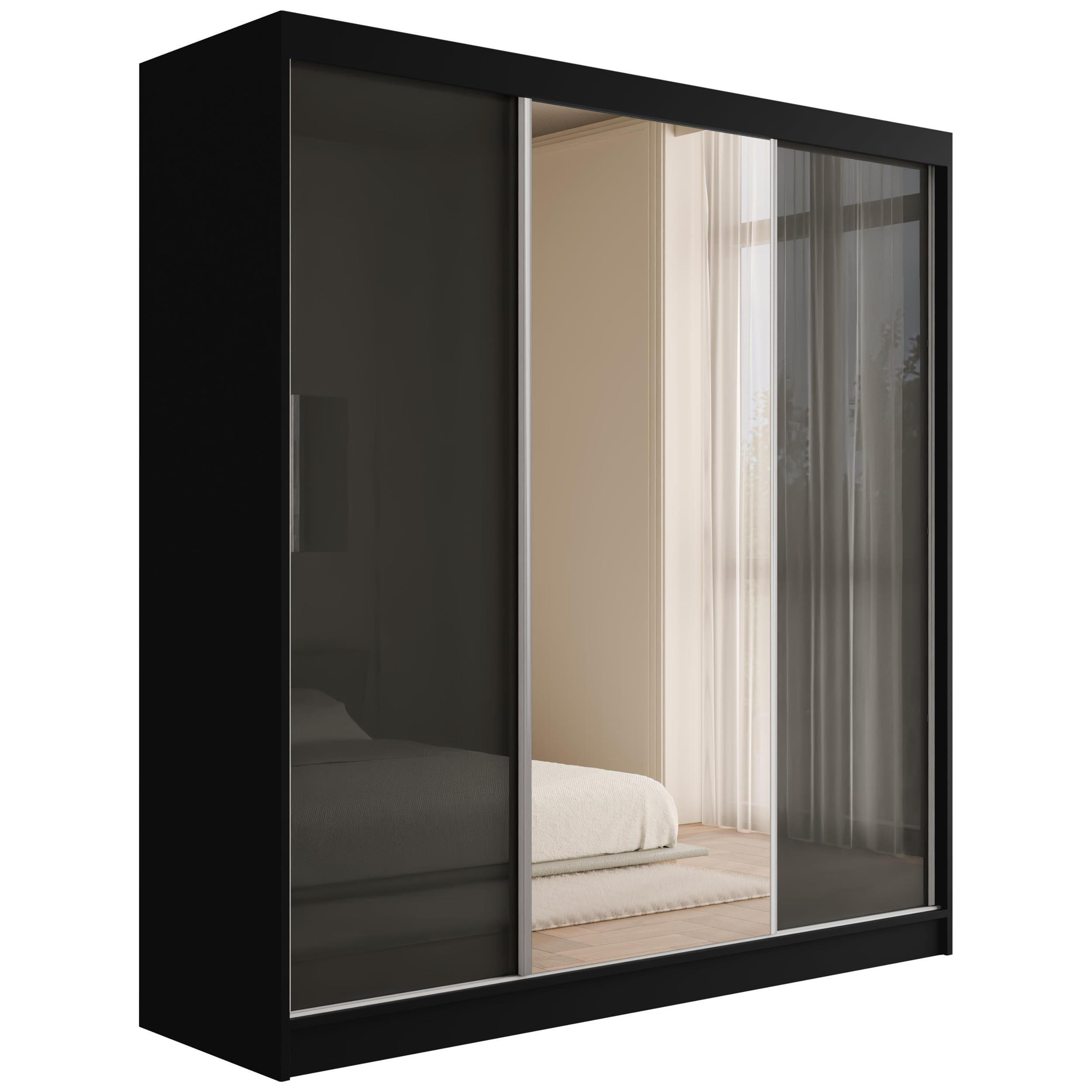 KLEIDERSCHRANK mit Spiegel V2-VITA 215x200 cm - Schwarz|Grau - Schwarz/Grau, Holzwerkstoff (200/215/61cm) - ALTDECOR