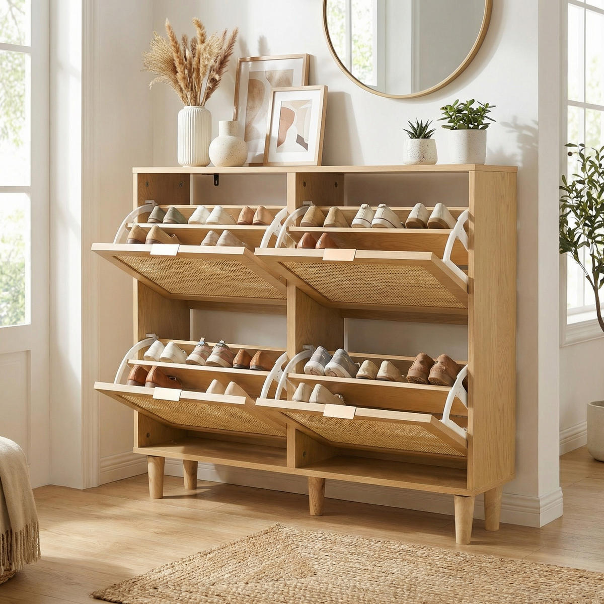 SCHUHSCHRANK mit Rattan-Front & 4 Klappen in Eiche-Optik - Sonoma Eiche, Holzwerkstoff (100/90/25cm) - Urban Meuble