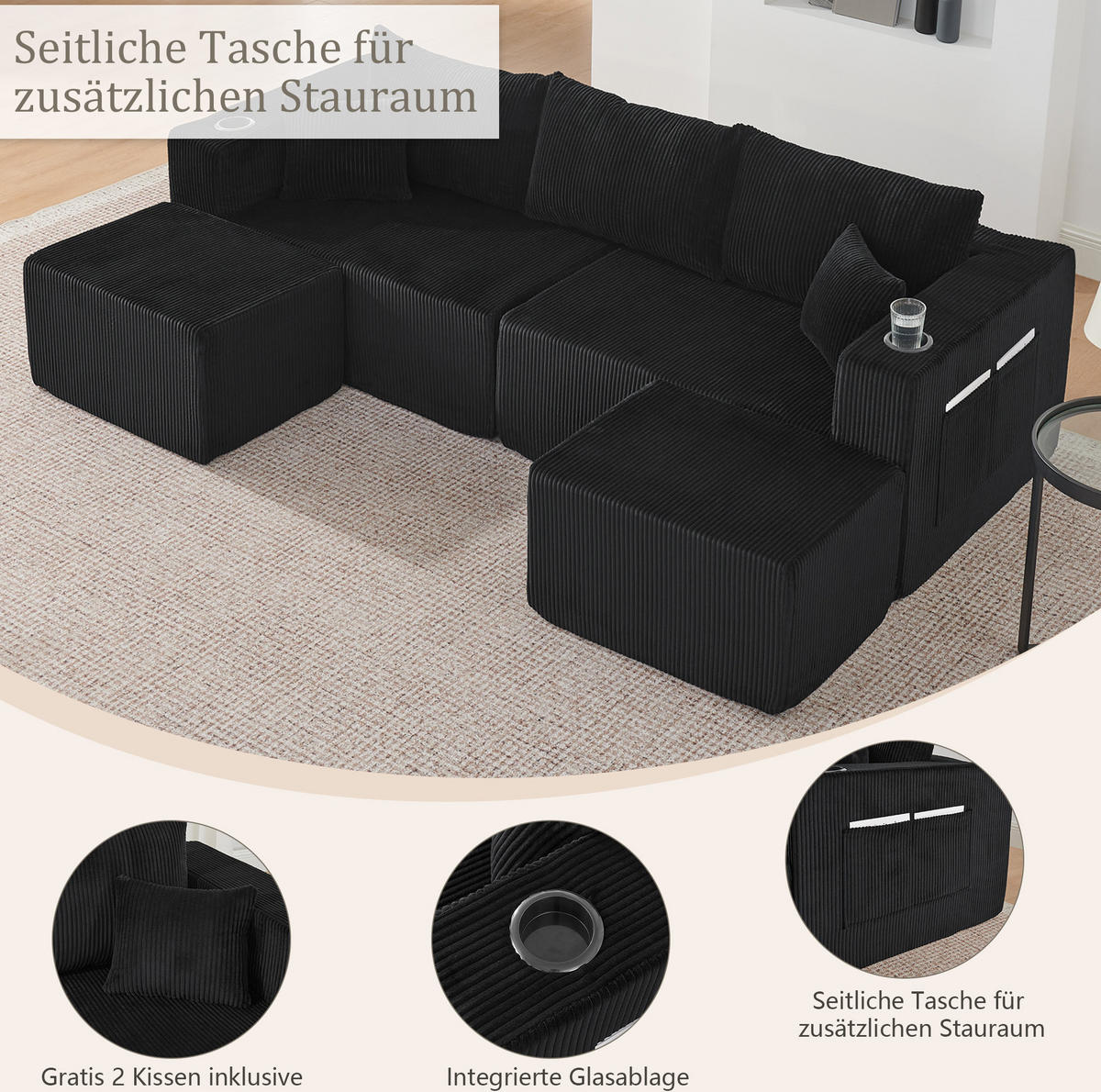 SOFA modular 3-Sitzer Cord Black mit 2 beweglichen Ottomanen - Schwarz, Kunststoff (230/75/138cm) - IVMEU