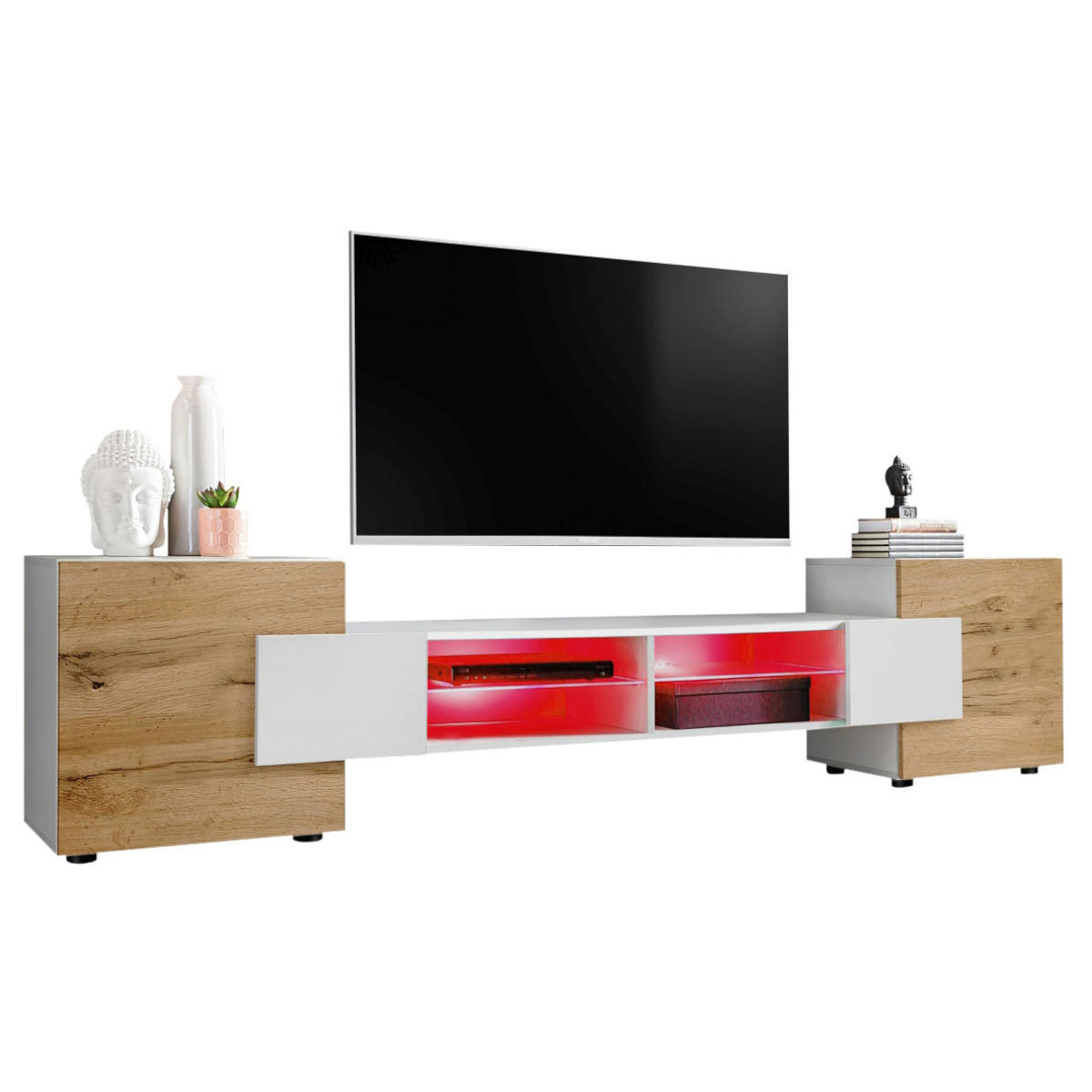 LOWBOARD MERANO Weiß, LED Beleuchtung Mehrfarbige - Eiche Wotan/Weiß, Glas/Holzwerkstoff (230/52.5/35cm) - Komodee