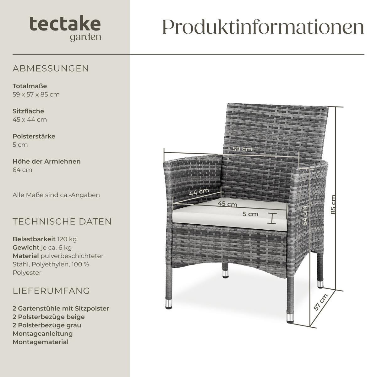 RATTANSTUHL 2er Set Nantes,59 x 57 x 85 cm,grau/hellgrau - Grau, Kunststoff (57/85/59cm) - tectake
