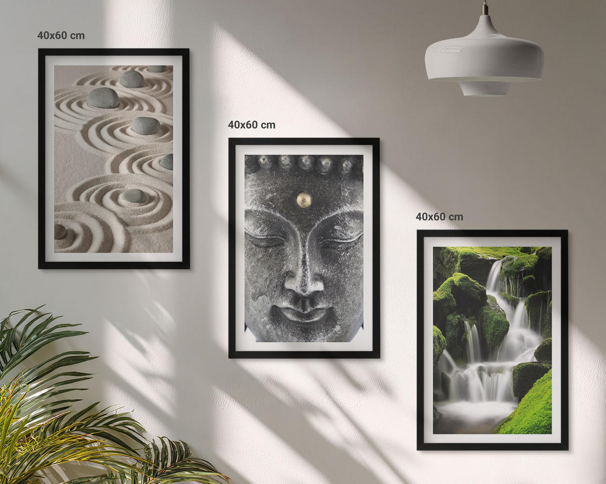 BILDER SET 3er Set - 40x60 cm Schwarzer Rahmen - Der Frieden der Steine des Buda Zen-Wasserfalls - Schwarz, Kunststoff (40/60cm) - TULUP