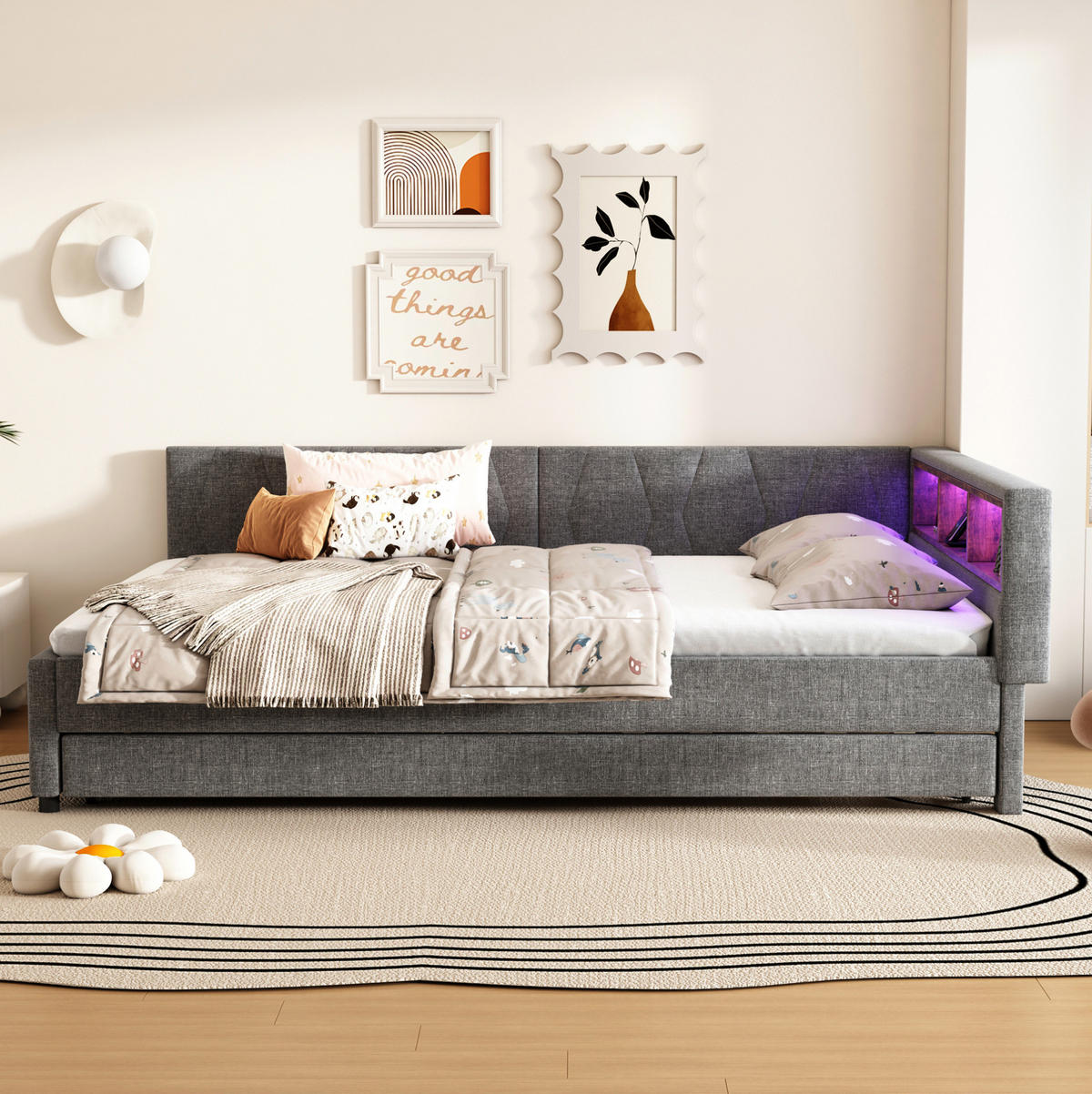 POLSTERBETT 140/200 cm grau aus Leinen mit Ausziehbett und USB - Grau, Textil (140/200cm) - OKWISH