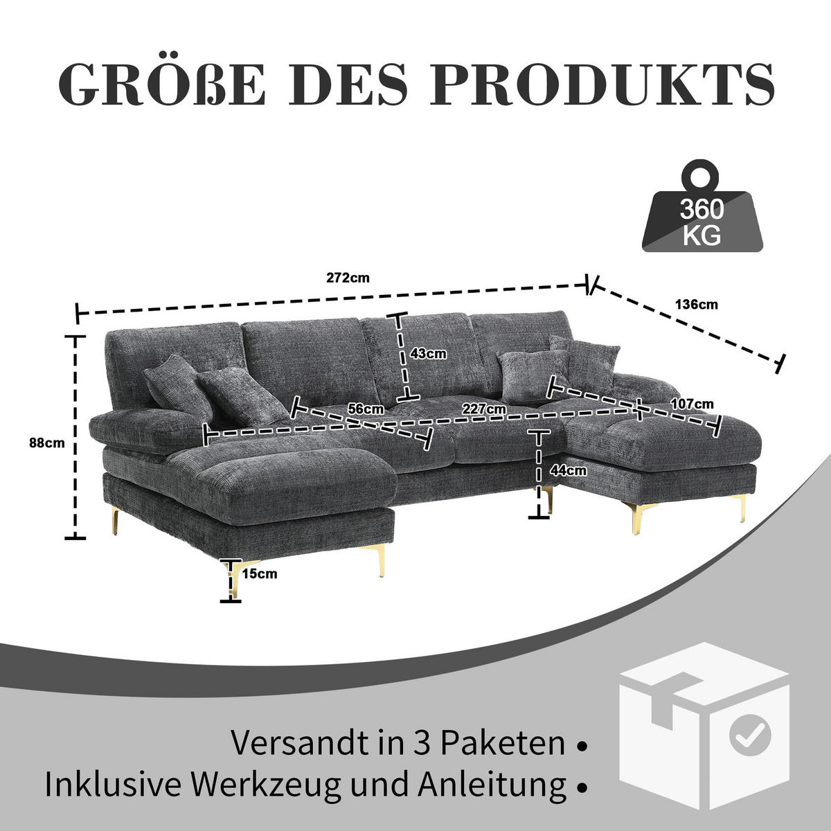 WOHNLANDSCHAFT Chenille Grau mit 2 Liegeflächen und Kissen - Grau, Holzwerkstoff/Textil (272/88/136cm) - WISHDOR