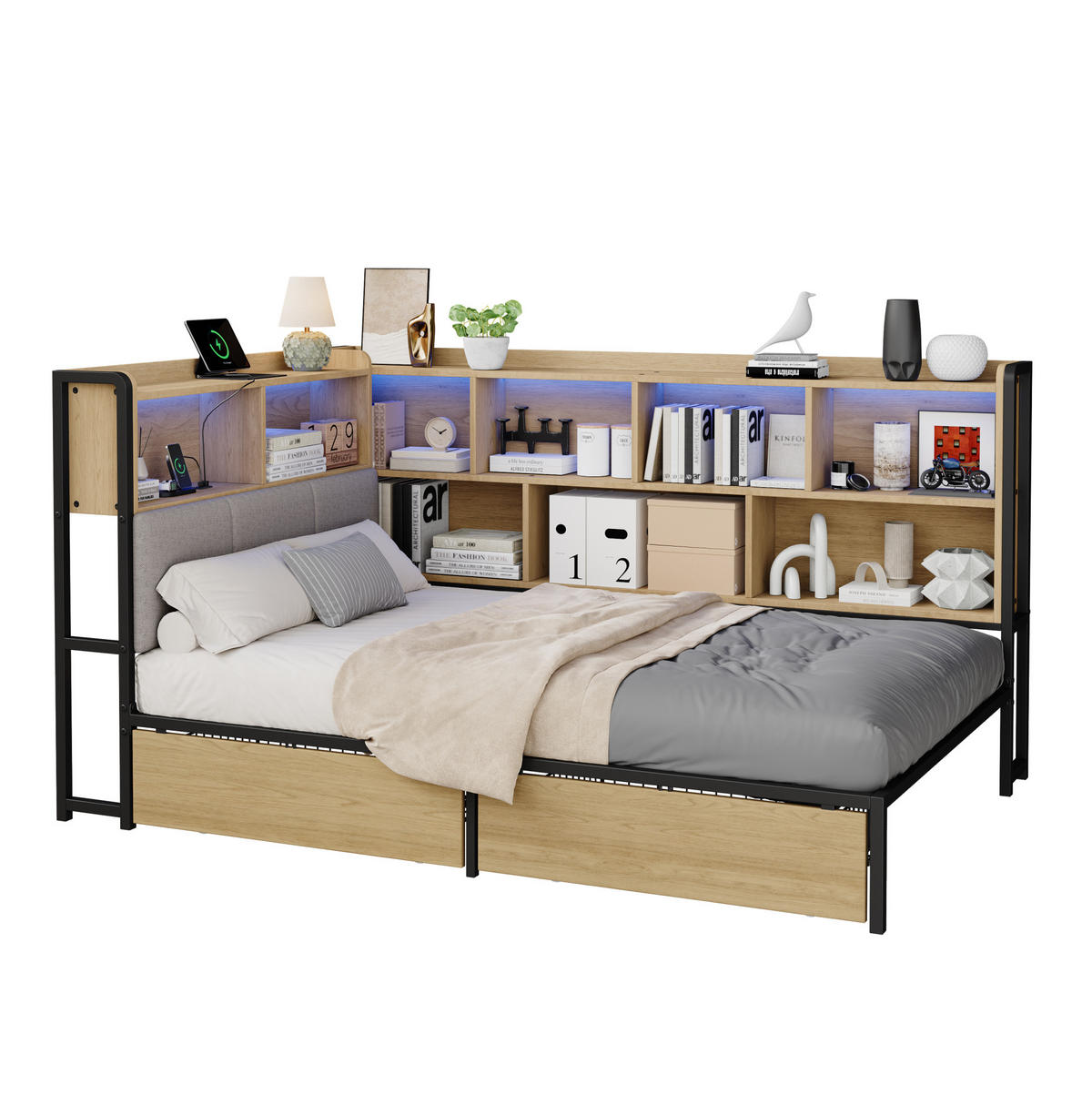 JUGENDBETT 90/200 cm aus MDF und Metall mit LED-Beleuchtung, USB- und Type-C-Anschluss, Stauraum und 2 Schubladen, Natur/Grau - Naturfarben, Holzwerkstoff (90/200cm) - Redom