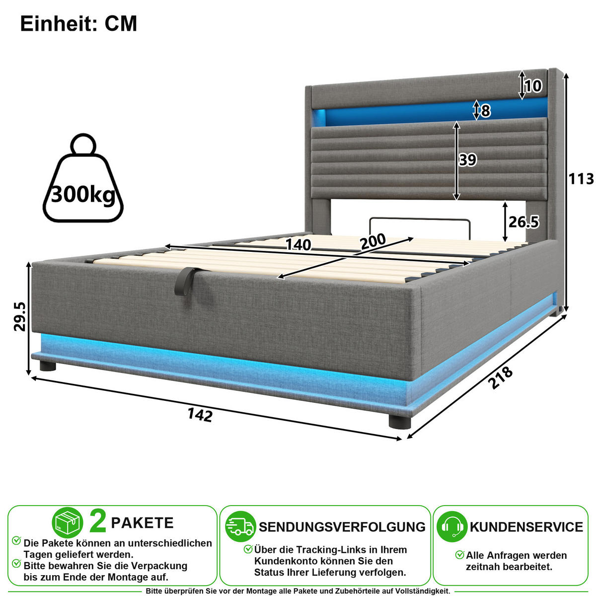 POLSTERBETT 140/200 cm in Grau mit Bettkasten, LED und USB-Type-C - Grau, Holzwerkstoff/Textil (140/200cm) - CHICFURN