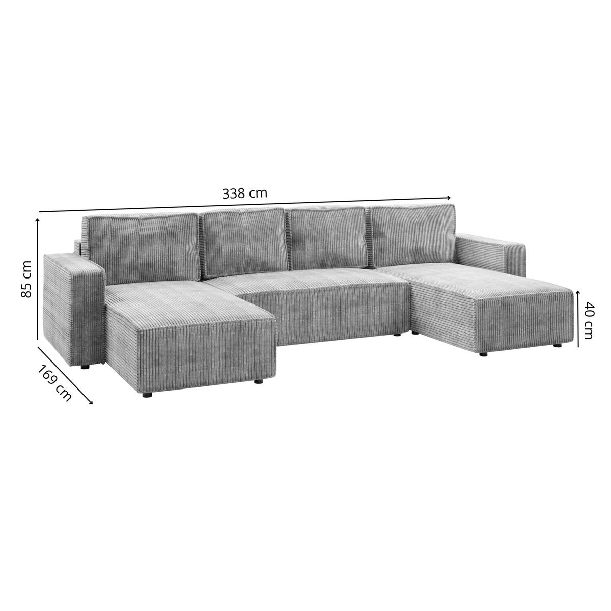 WOHNLANDSCHAFT BRIK XL 338x169 cm, Grau Cord Poso, Schlaffunktion & Bettkasten - Grau, Textil (338/85/169cm) - Excellent Home