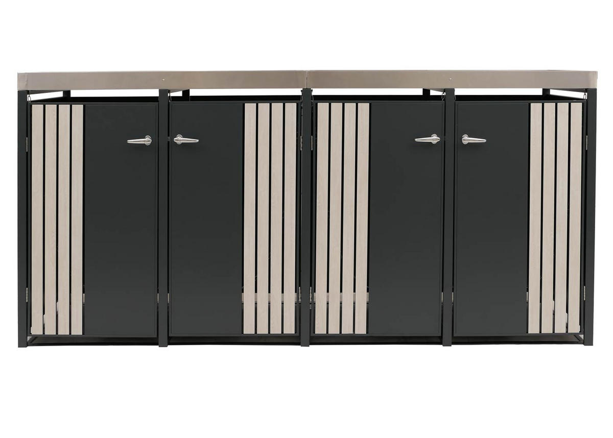 MÜLLTONNENBOX 4er mit Pflanzkasten HxBxT 125x260x84cm Anthrazit Holzoptik hell - Anthrazit, Metall (260/125/84cm) - PROREGAL