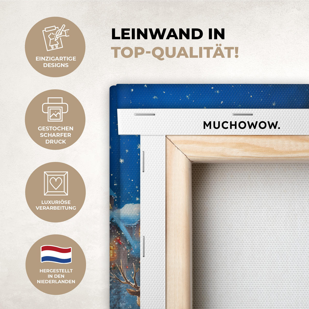 LEINWANDBILD Weihnachtsmann - Rentier - Weihnachten - Schnee Deko Wohnzimmer 20x30 cm - Cognac, Textil (20/30cm) - MuchoWow