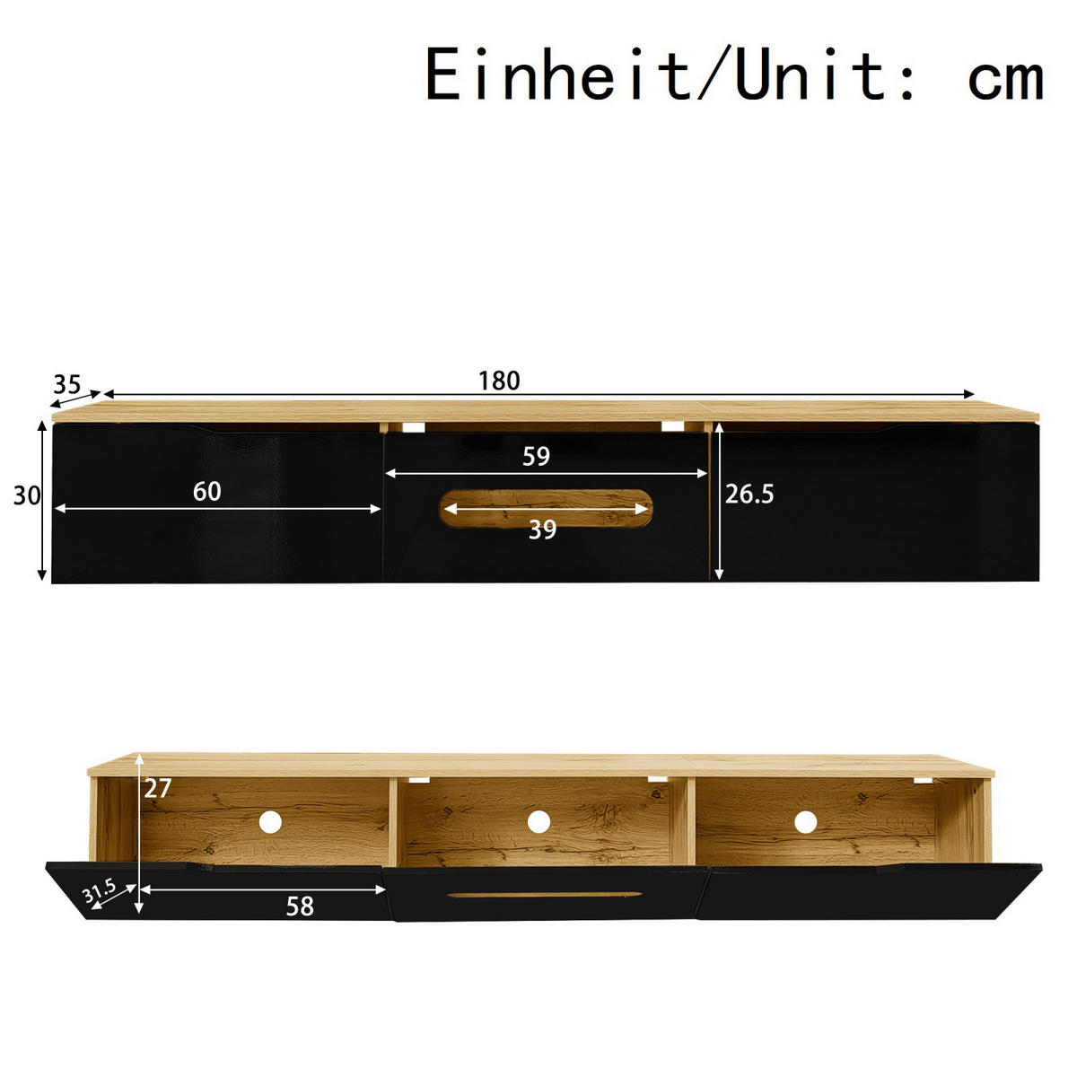 TV Lowboard LED 180 cm, 3 Türen, Schwarz Holz - Schwarz, Holz (180/30/35cm)