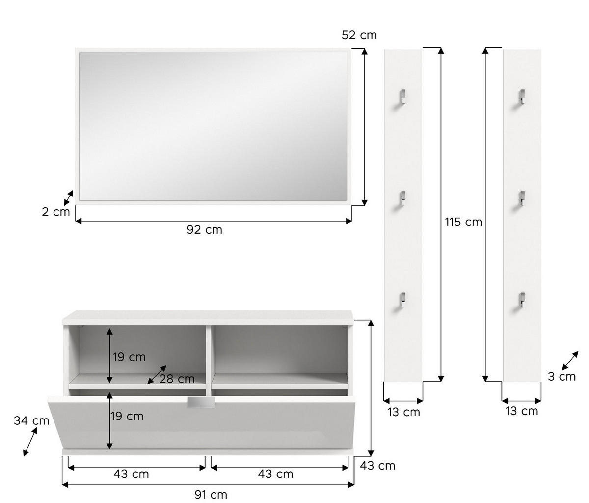 GARDEROBE Set 4-teilig weiß Hochglanz 14 cm, Garderobenkombination mit Spiegel hängend - Chromfarben/Weiß Hochglanz, Glas/Holzwerkstoff (147/193/34cm) - Inn.Furn