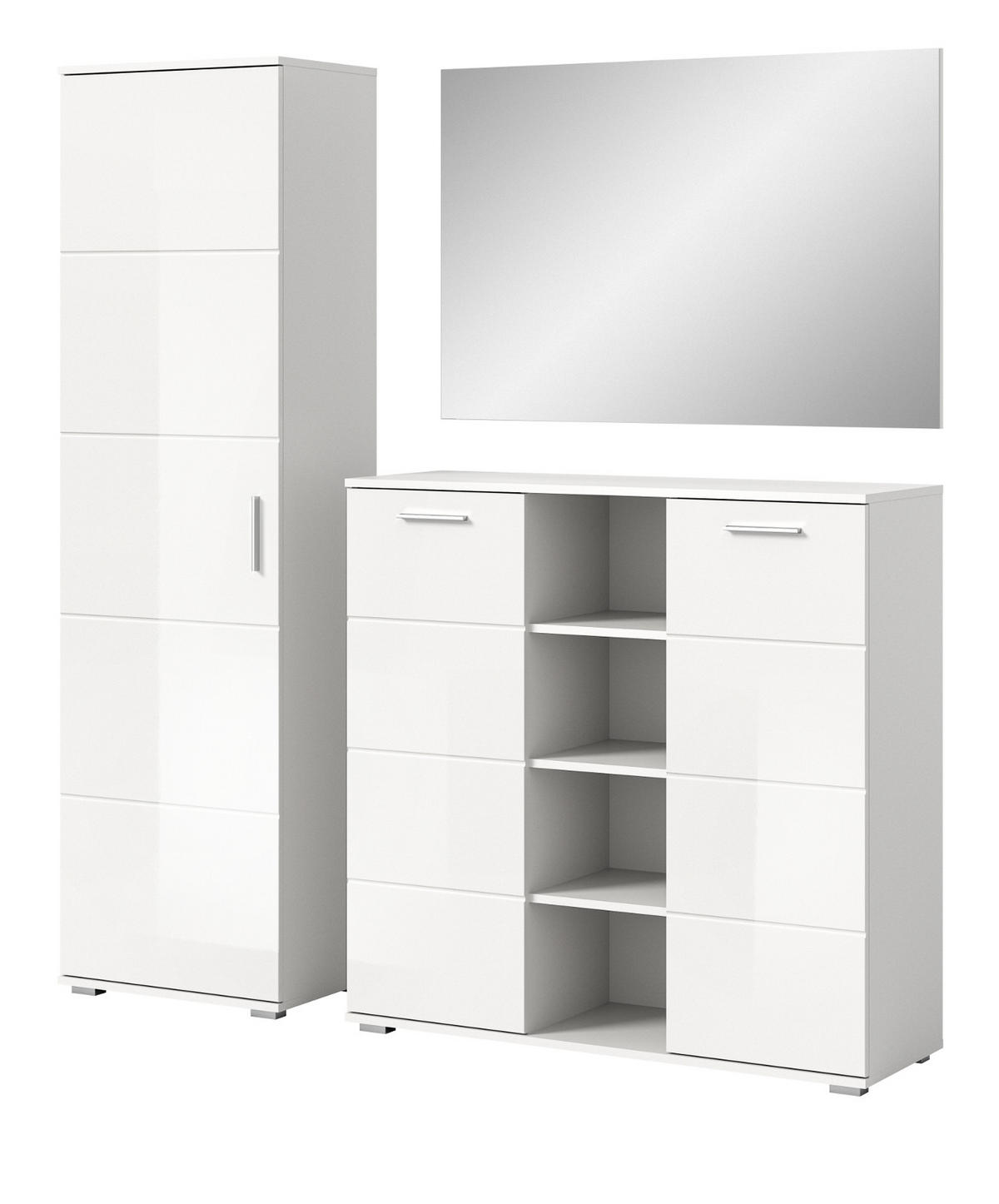 GARDEROBE Set 3-teilig weiß Hochglanz 180 cm, Kombination mit 13 Fächern - Weiß Hochglanz/Silberfarben, Glas/Holzwerkstoff (180/191/37cm) - Inn.Furn