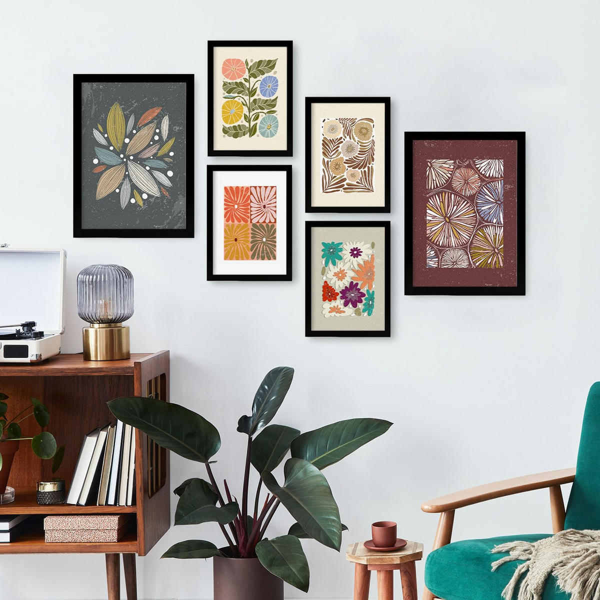 POSTER Set Mit 6 Drucken Von Blütenblättern In Der Sammlung Ethnischere Dekorative Rahmen Für Ihr Zuhause Wandkunstdruck A3 & A4 Schwarzer Rahmen - Schwarz, Papier (29/3cm) - Nacnic