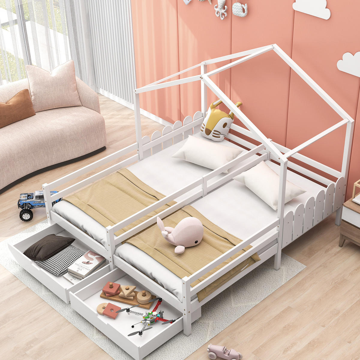 HAUSBETT aus Kiefer und MDF 200x90 cm Weiß mit 2 Schubladen, Schutzgitter und geteiltem Hausbett-Design - Weiß, Holzwerkstoff (90/200cm) - Modfu