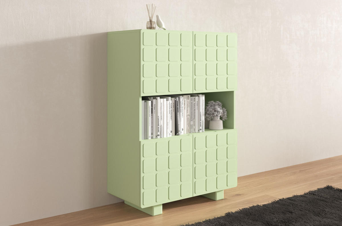 HIGHBOARD Cubo Long, Geometrische 3D Fronten, 85 x 120 cm, Grün - Pastellgrün, Holz/Holzwerkstoff (84.3/120/41.8cm) - Skandica