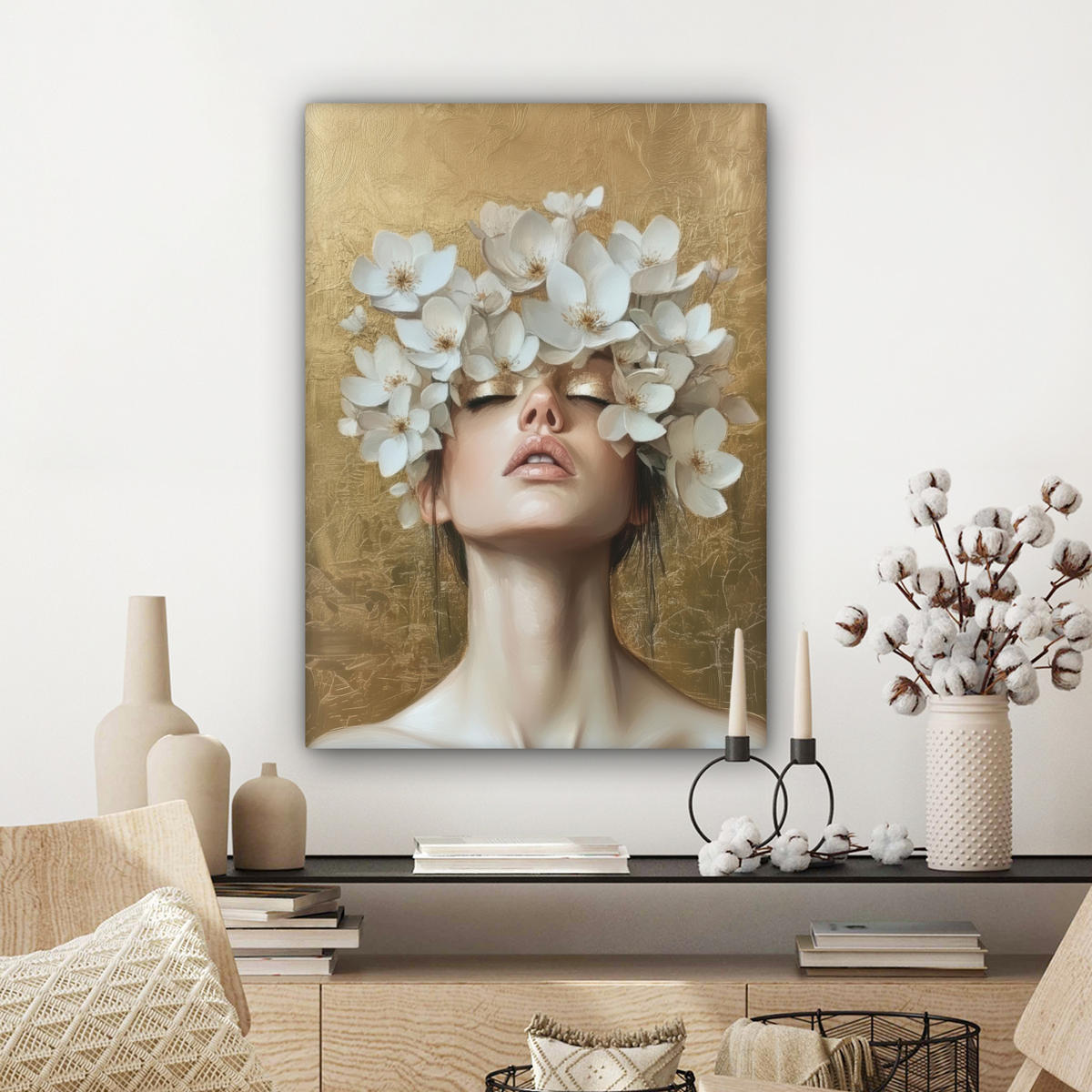 LEINWANDBILD Gesicht - Blumen - Gold - Abstrakt Wandbild Wohnzimmer 60x80 cm - Goldfarben, Textil (60/80cm) - MuchoWow