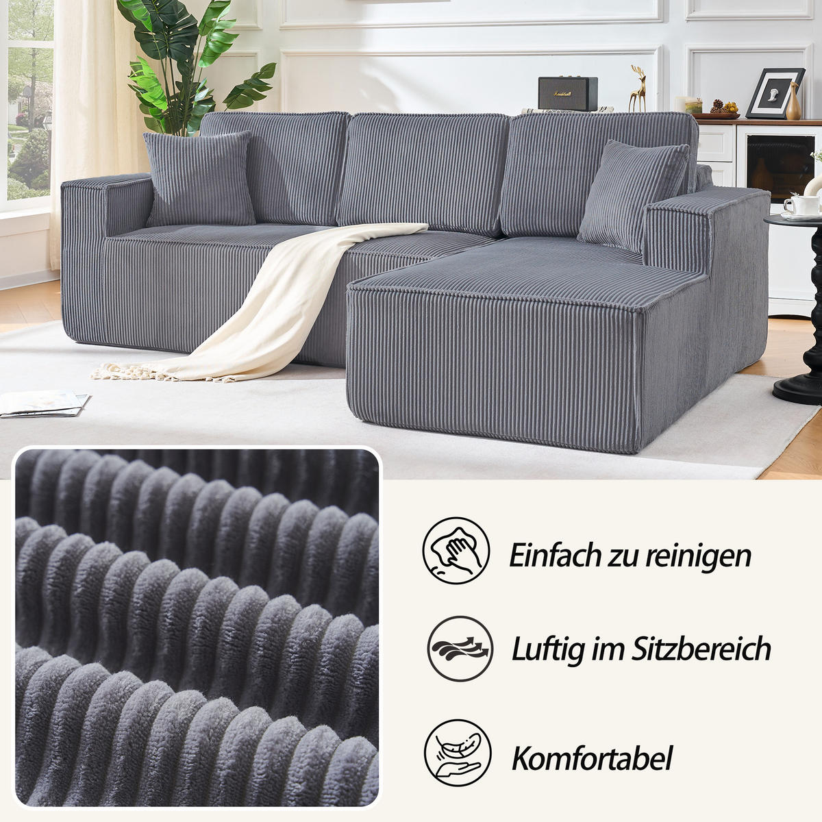 3-SITZER ECKSOFA Cord Grau mit Kissen - Grau, Textil (235/128cm) - WISHDOR