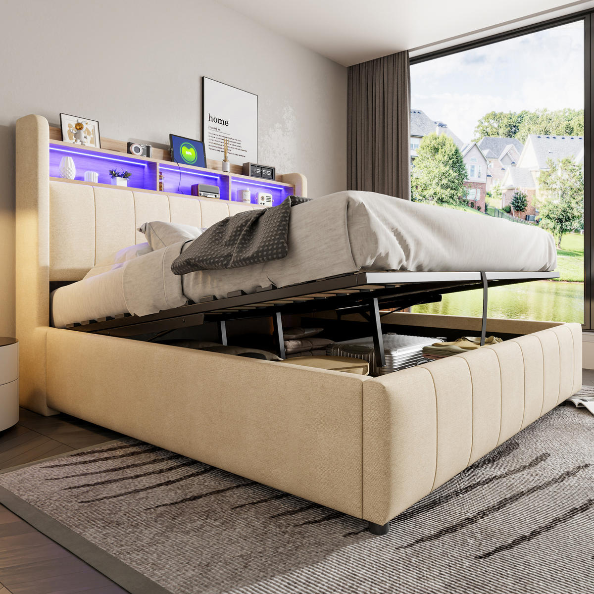 POLSTERBETT 160/200 cm Beige mit LED-Beleuchtung und USB-Steckdose, hydraulischem Stauraum - Beige, Textil (160/200cm) - OKWISH