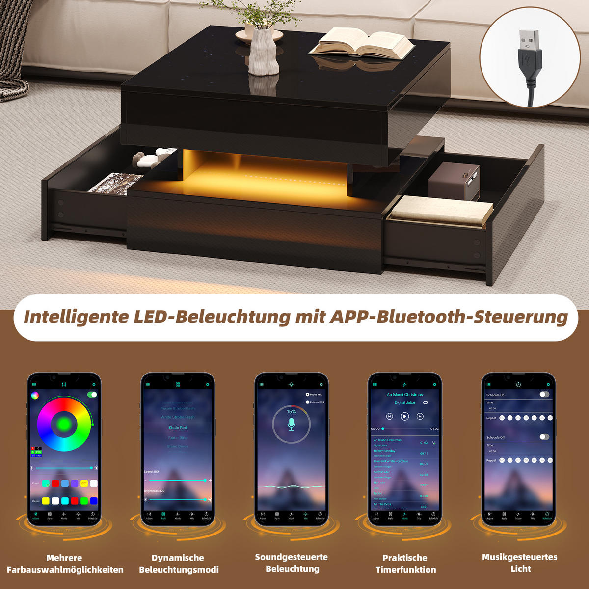 COUCHTISCH DE-132 Anhebbar Schwarz mit LED-Lichtleiste - Schwarz, Holzwerkstoff (65/65/39cm) - ComfortXL