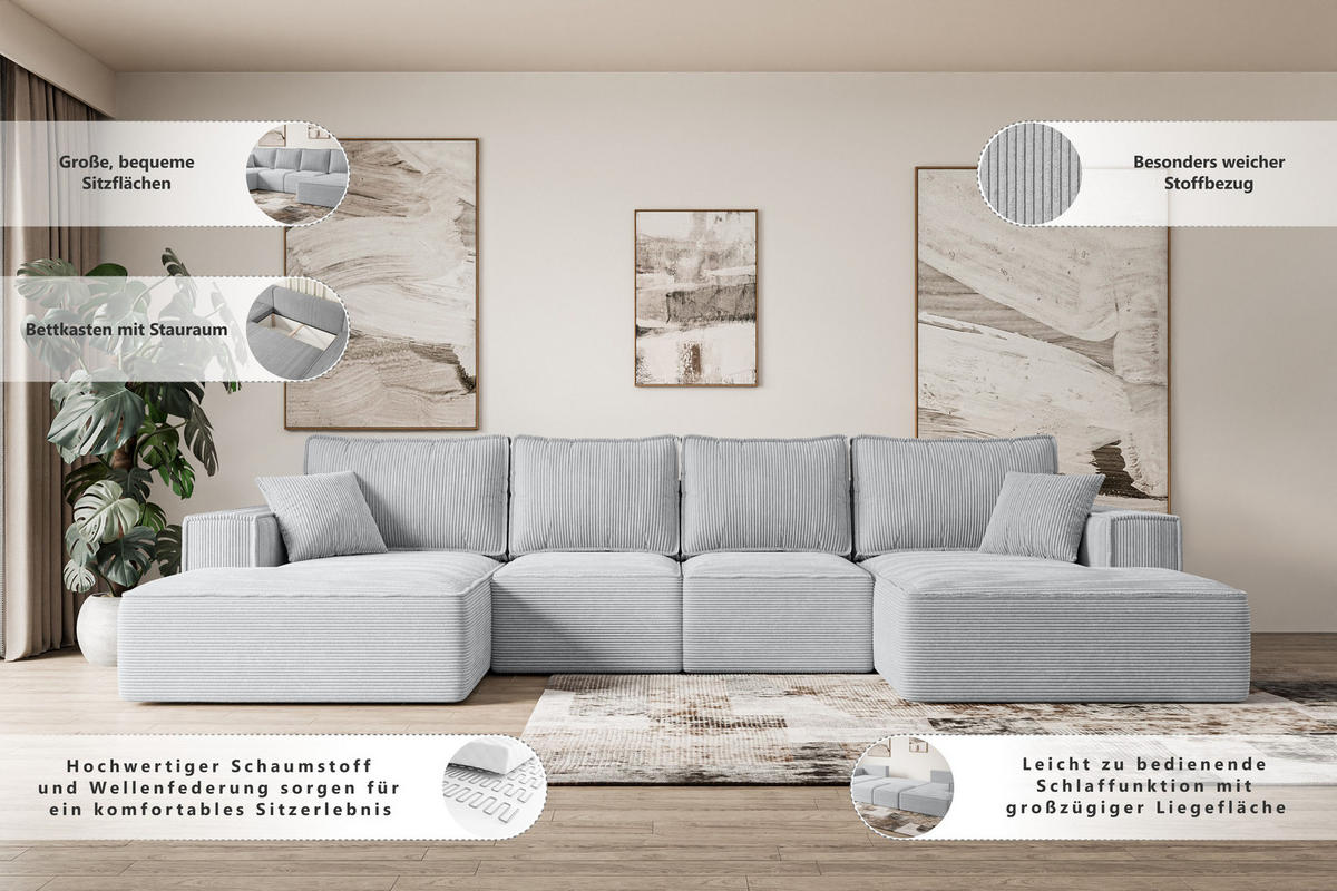 WOHNLANDSCHAFT mit Schlaffunktion und Bettkasten SIERRA-U-S - 349x161x87 cm Hellgrau Cord - Hellgrau/Schwarz, Holzwerkstoff/Kunststoff (349/87/161cm) - ALTDECOR