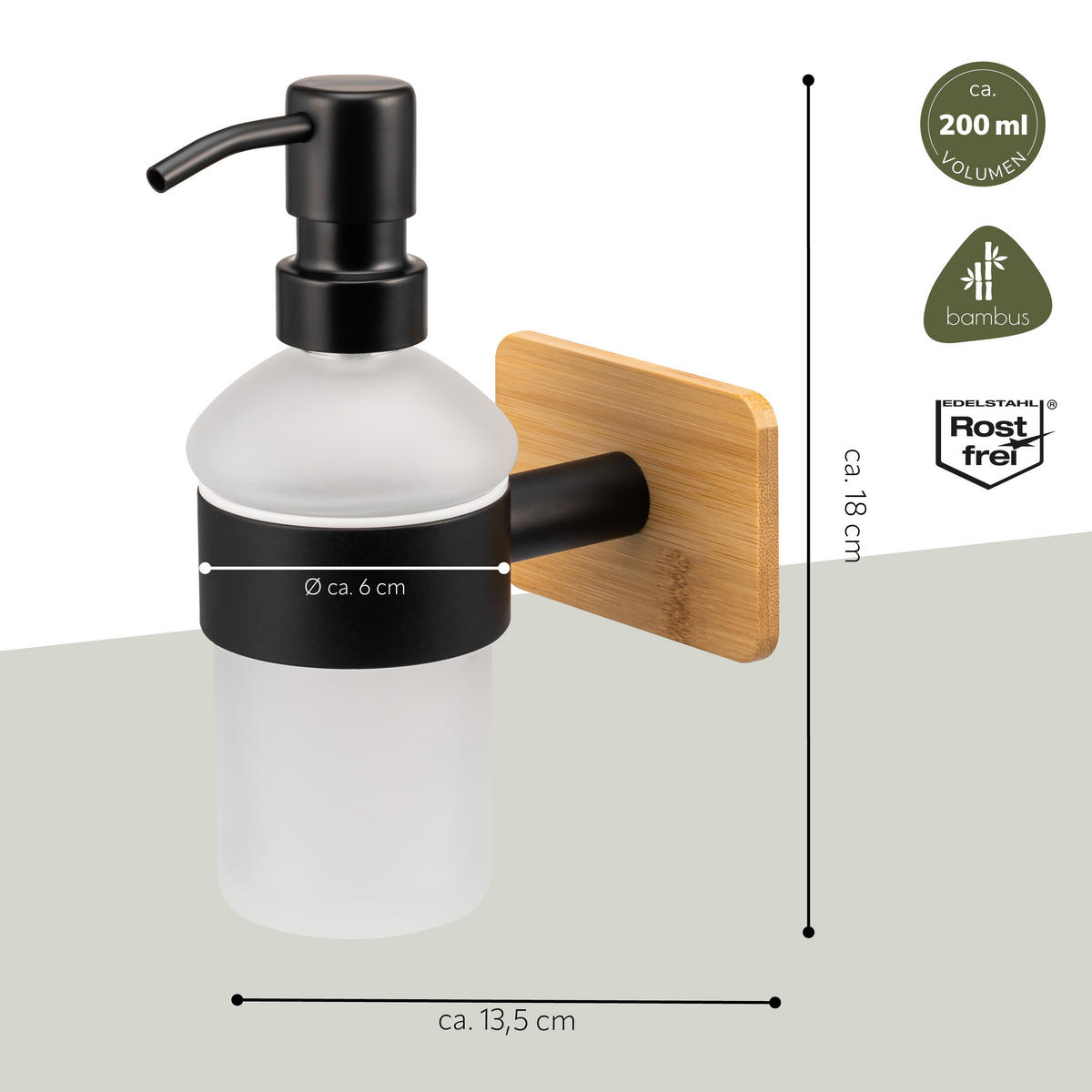 SEIFENSPENDER PIAZZA BLACK TAPE BAMBUS, Edelstahl, Bambus, schwarz - Schwarz, Naturmaterialen (9/18/13.5cm) - bremermann