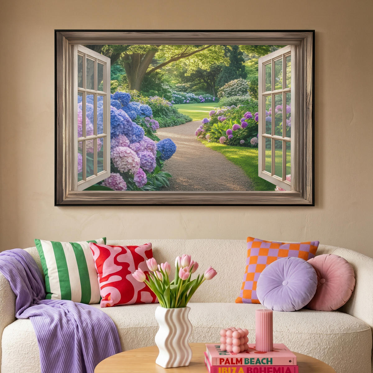 LEINWAND Bilder mit Rahmen - Aussicht - Garten - Fenster - Hortensie - Blumen - 150x100 - Pastellblau, Textil (150/100cm) - MuchoWow