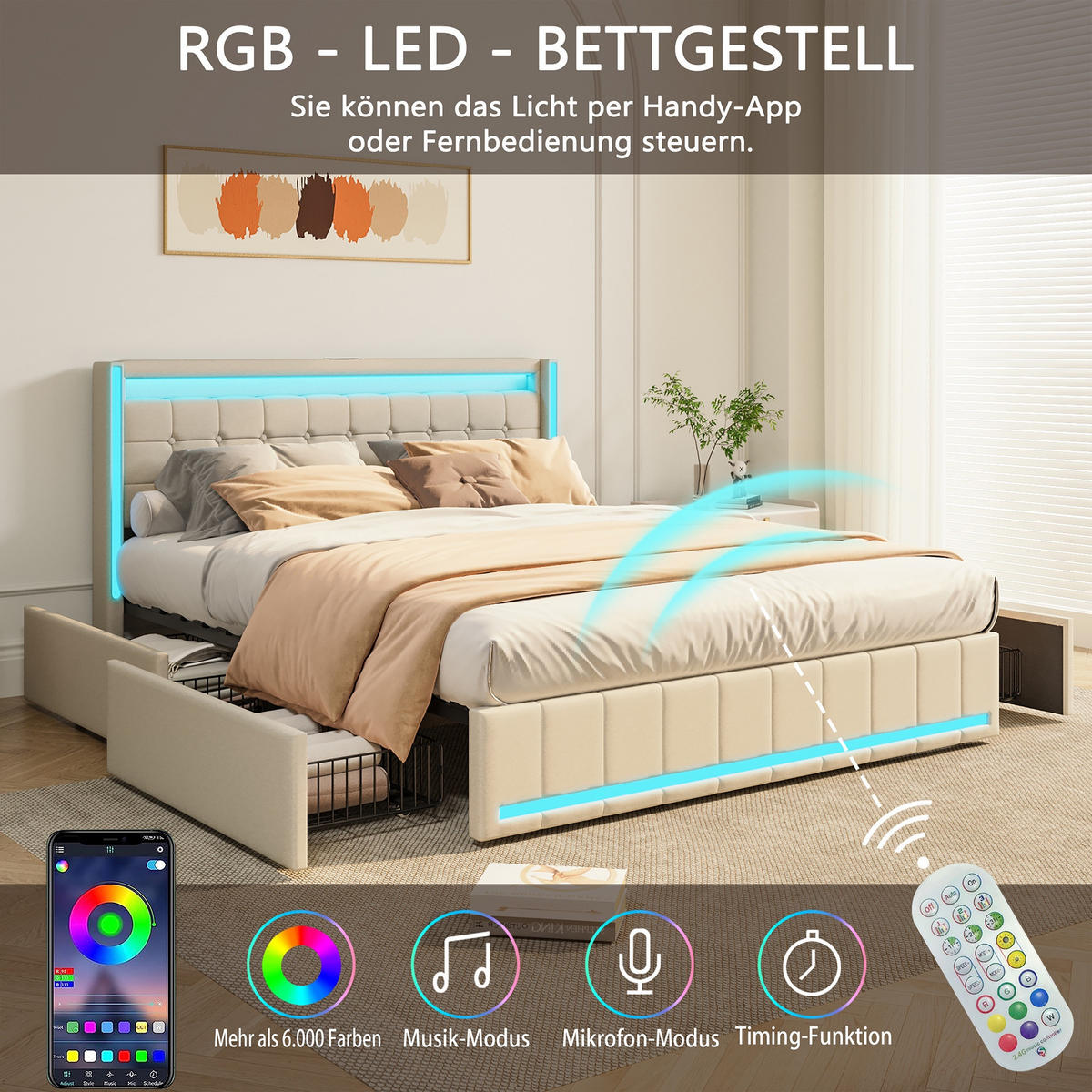 POLSTERBETT 140x200 cm Lumina Smart mit 3-Zonen RGB-LED, USB & USB-C, 4 Schubladen, Leinen-Optik, Beige - Beige, Textil (140/200cm) - DELFA