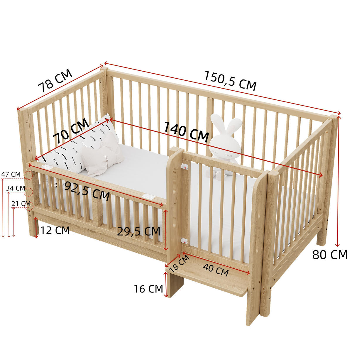 KINDERBETT 140/70 cm in Natur mit Umbausatz, Sicherheitsgeländer und Trittstufe - Naturfarben, Holz/Holzwerkstoff (70/140cm) - WISHDOR