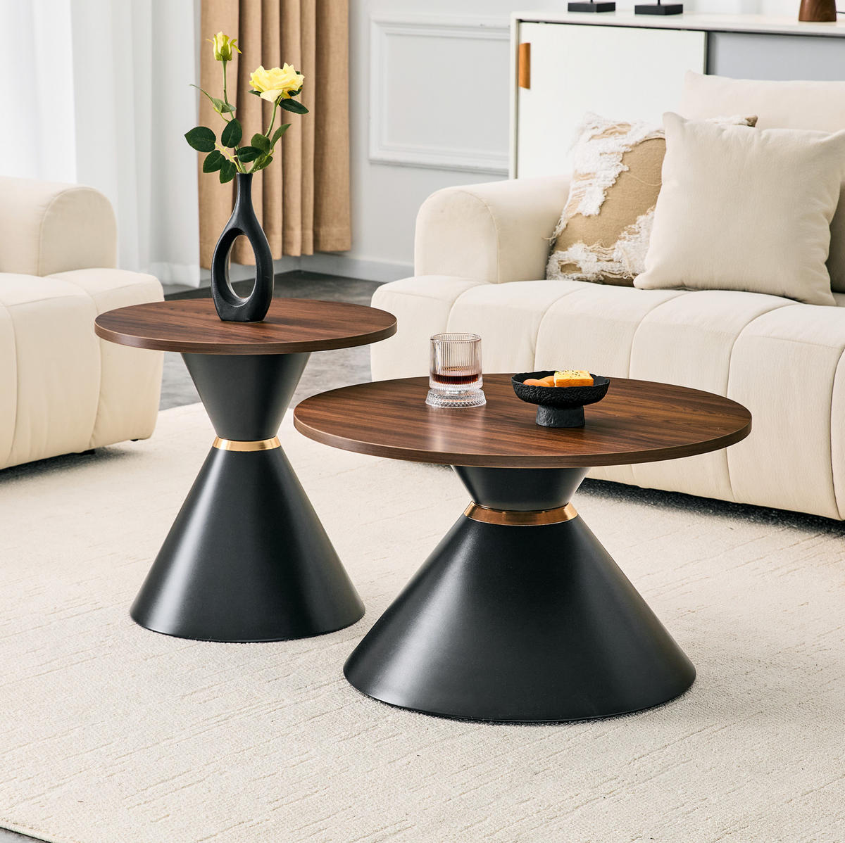 COUCHTISCH-SET aus Metall und Melamin Ø70/42 cm Walnussoptik/Schwarz mit goldener Zierleiste - Walnussfarben, Metall (70/70/42.5cm) - IVMEU
