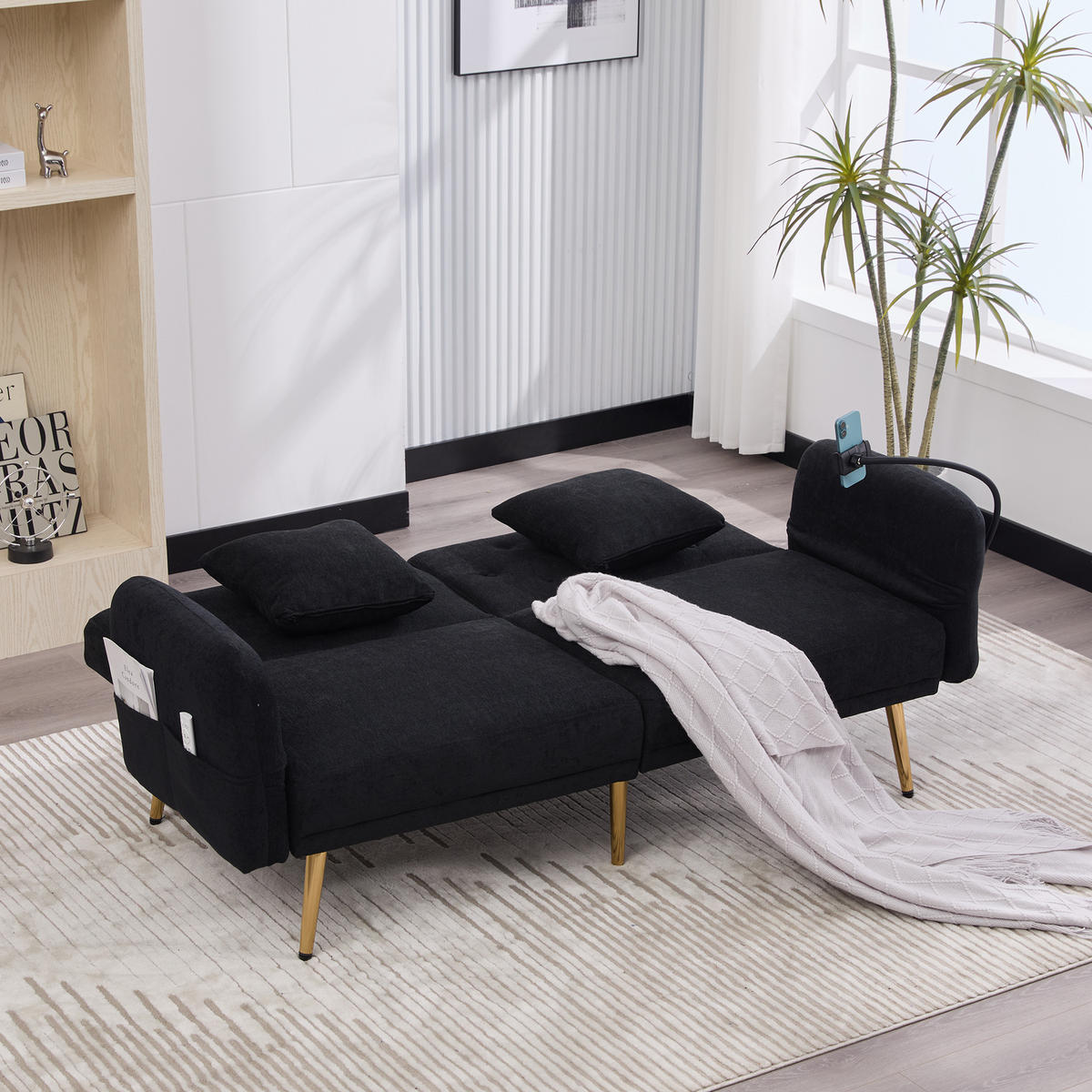 SCHLAFSOFA mit verstellbarer Rückenlehne und USB-Anschlüssen Schwarz Chenille 173/78/78 cm - Schwarz, Textil (173/78/78cm) - OKWISH