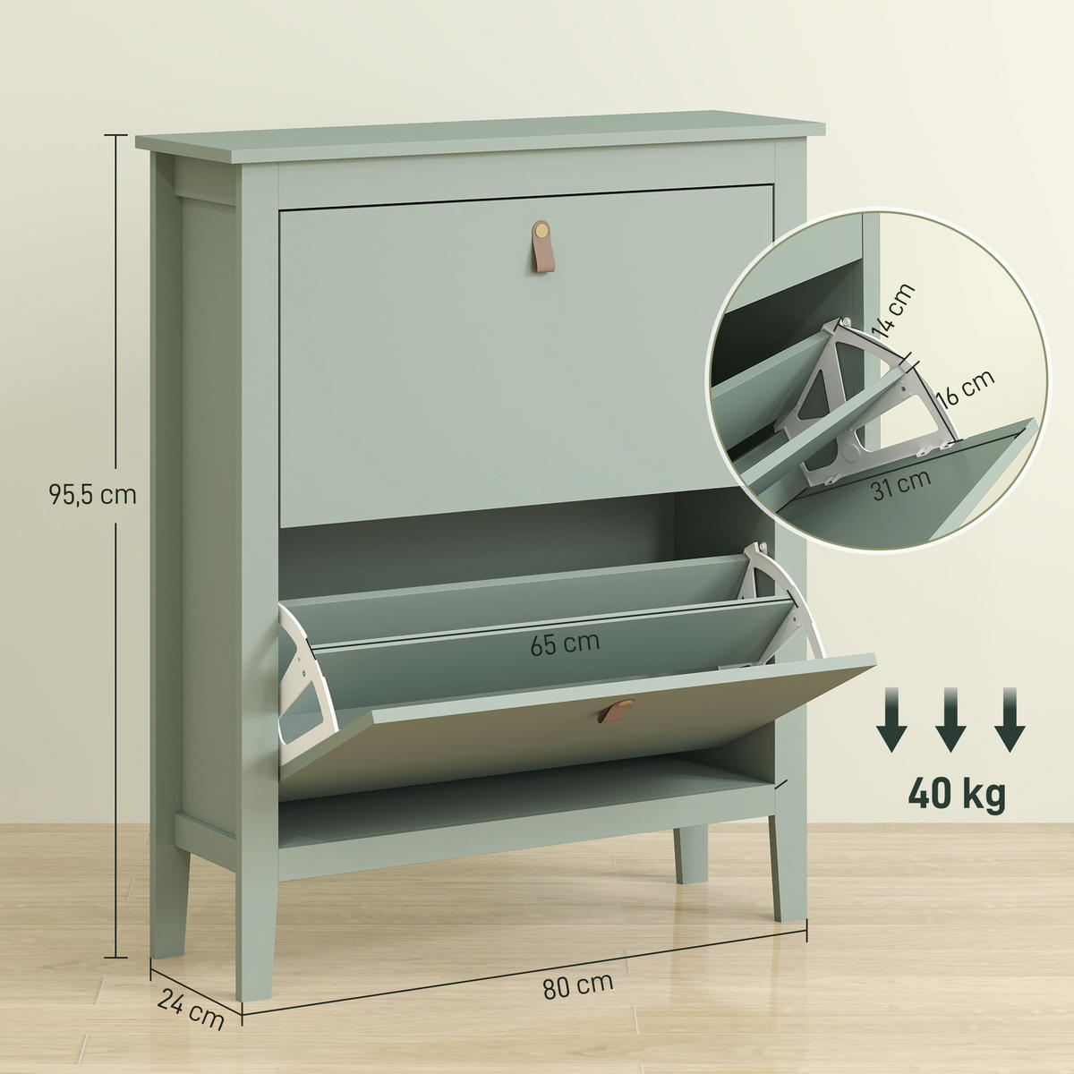 SCHUHKIPPER DE-15064 2 Klapp-Schubladen, für 14 Paar Schuhe Grün - Grün, Holzwerkstoff (80/95.5/24cm) - ComfortXL