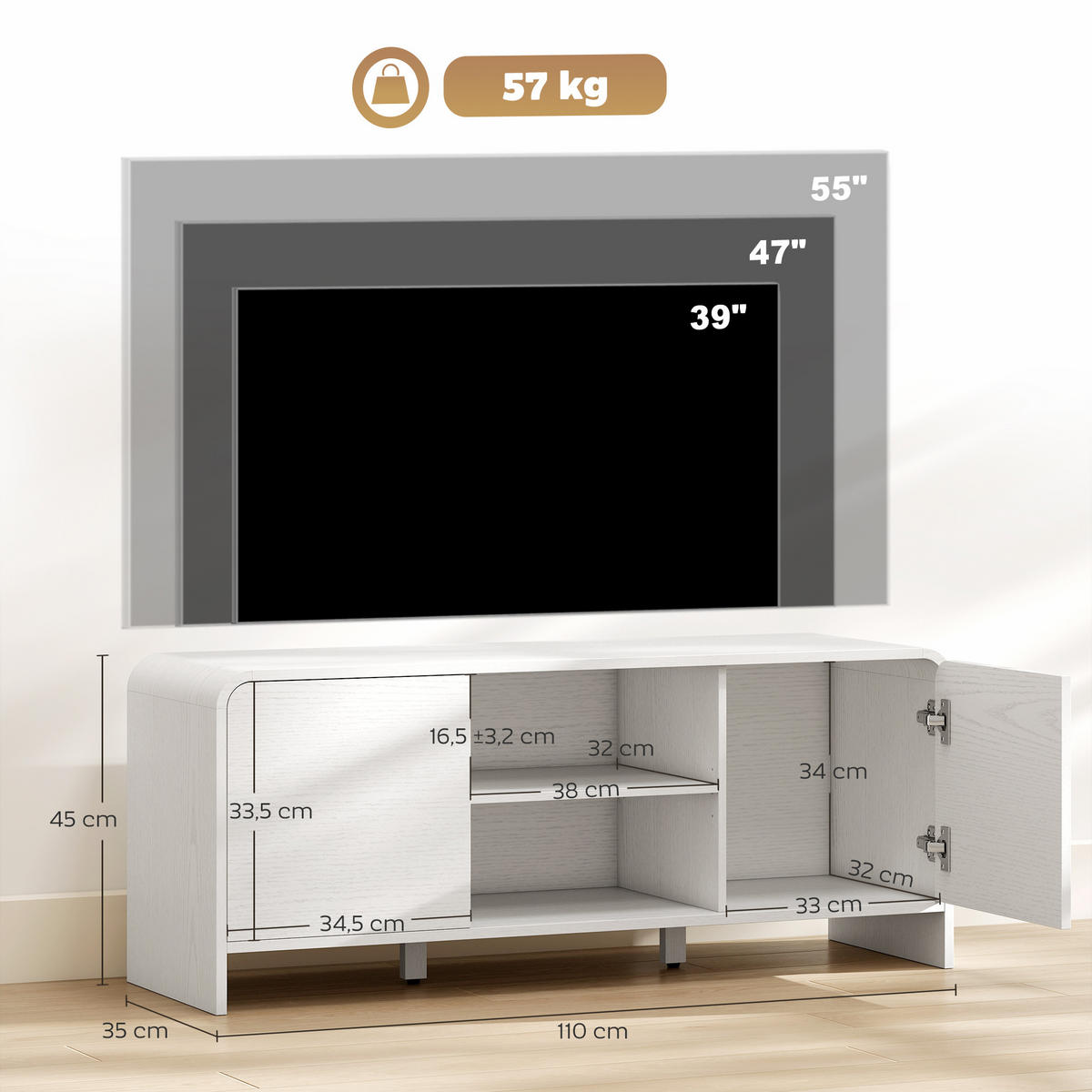 LOWBOARD Weiß 110/35/45 cm, 2 Türen, Holzoptik - Weiß, Holzwerkstoff (110/45/35cm) - PANGIVO