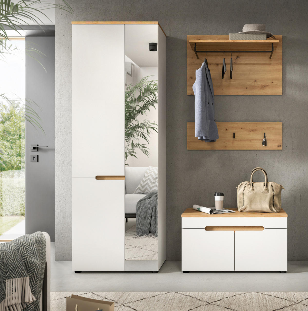 GARDEROBEN-SET weiß, Eiche Artisan 4-teilig 160 cm, Komplett-Set mit Soft-Close - Weiß, Glas/Holzwerkstoff (160/190/37cm) - Inn.Furn