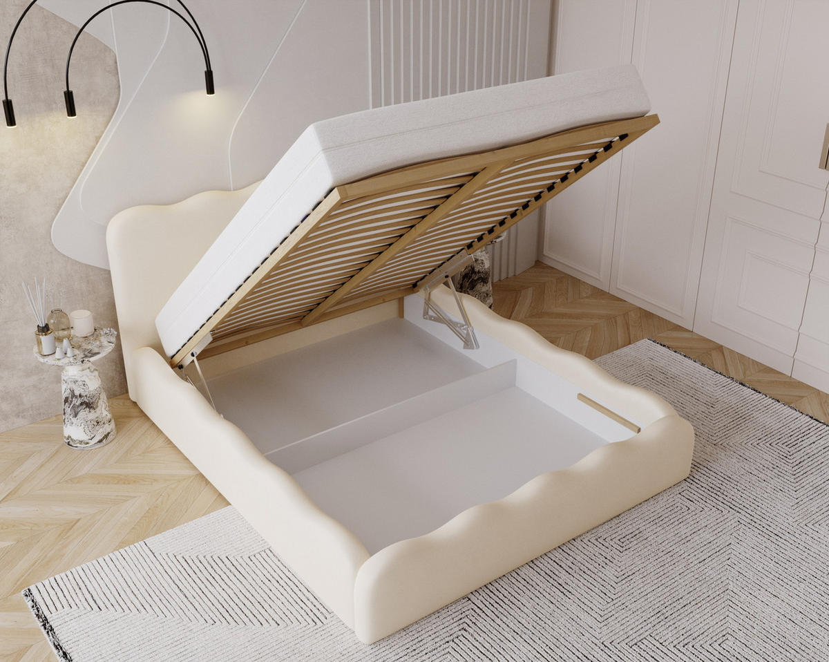 POLSTERBETT 160x200 Wave, Bettkasten, Boucle, Creme - Creme, Holz/Textil (160/200cm) - Emporius