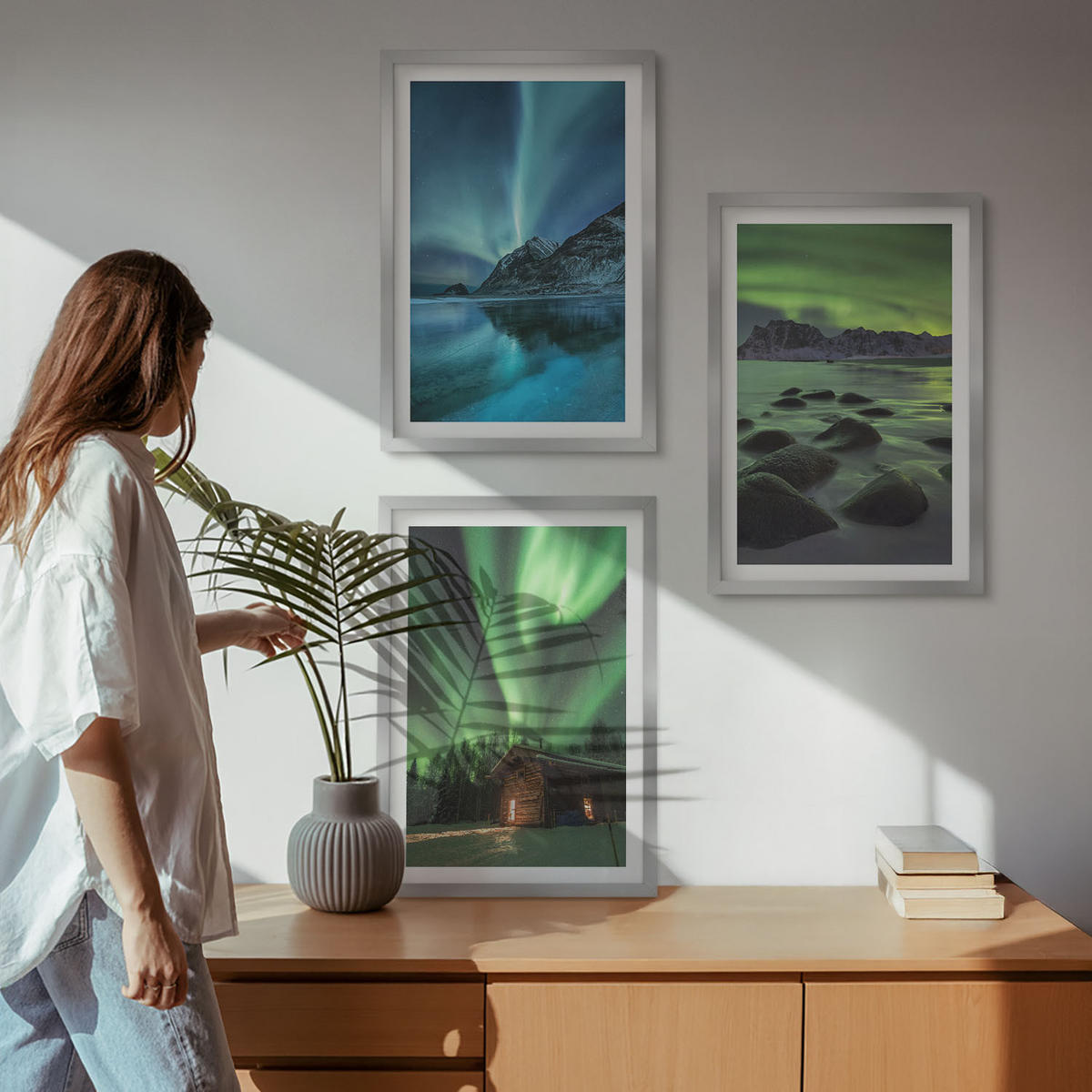 WANDBILDER 3er Set - 40x60 cm Silberner Rahmen - Winterlandschaften, Nordlichter, Berge - Silberfarben, Kunststoff (40/60cm) - ArtPrintCave