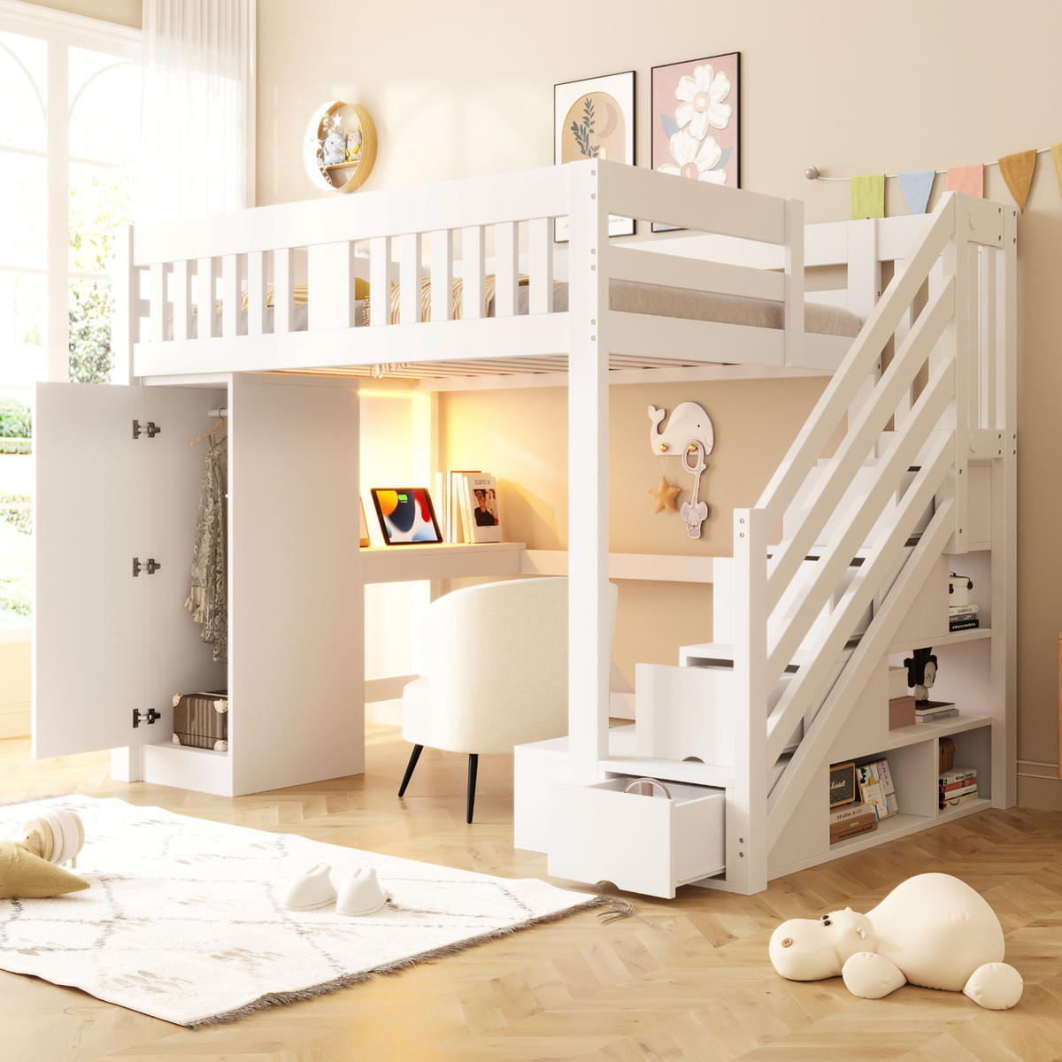 HOCHBETT 140x200 cm in Weiß mit Stauraumtreppe, Schreibtisch, Kleiderschrank und LED - Weiß, Holz (140/200cm) - IVMEU