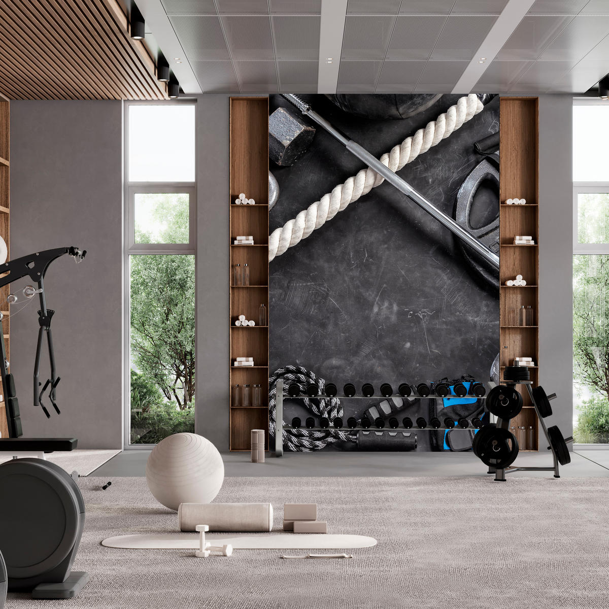 FOTOTAPETE für Fitnessstudio Sportgeräte zum Trainieren Kettlebells Hanteln 400x280 - Blau/Creme, Papier (400/280cm) - Muralo