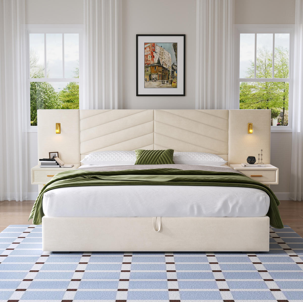 BETT mit Bettkasten und 2 Nachttischen 266 x 205 x 117 cm Beige-Weiß - Beige, Holzwerkstoff (160/200cm) - Beauniv