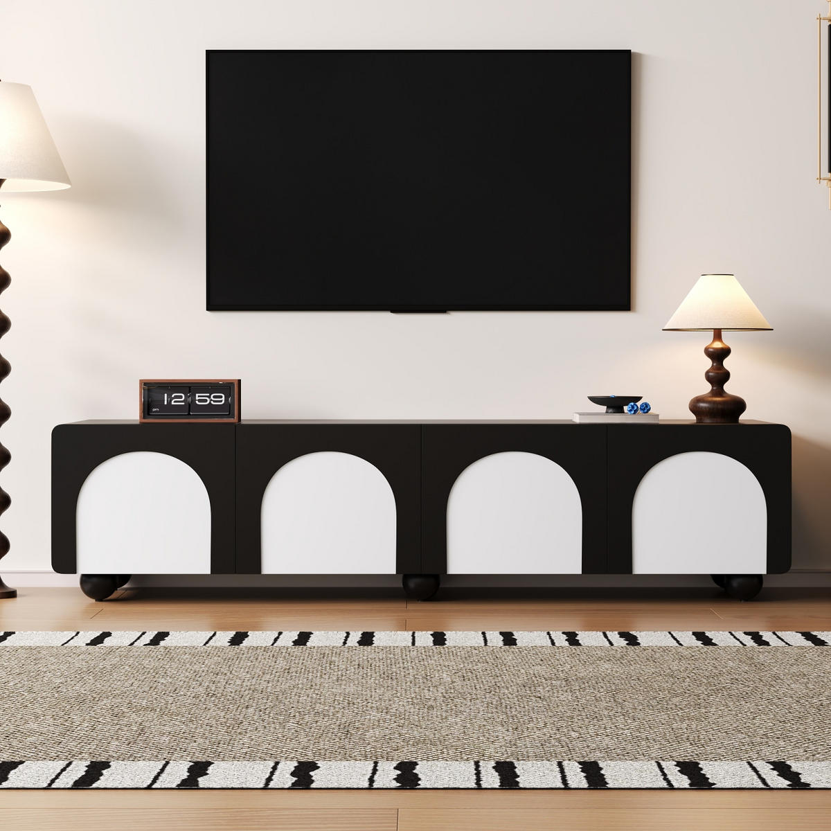 TV Lowboard 180 cm, 2 Schubladen, 2 Türen, Schwarz Weiß - Schwarz, Holz (180/45/38cm)