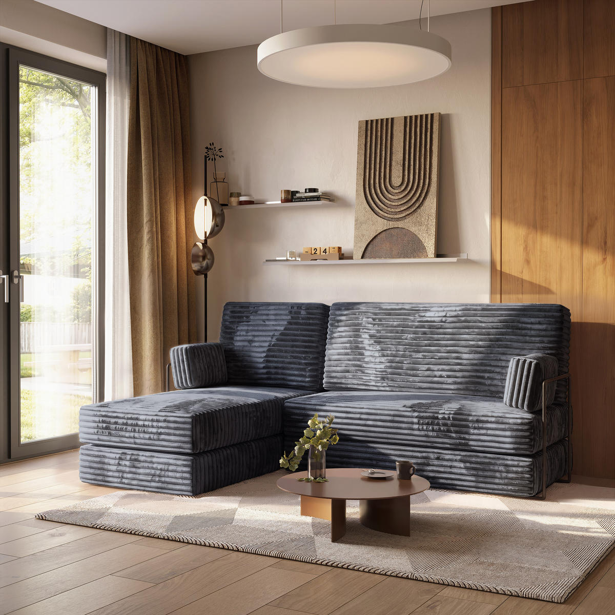 ROHOVÁ SEDAČKA NOTIA modulární Boneless pohovka s funkcí spaní, grafitová TILIA 90 - tmavě šedá, textil (200/120cm) - MASSENO